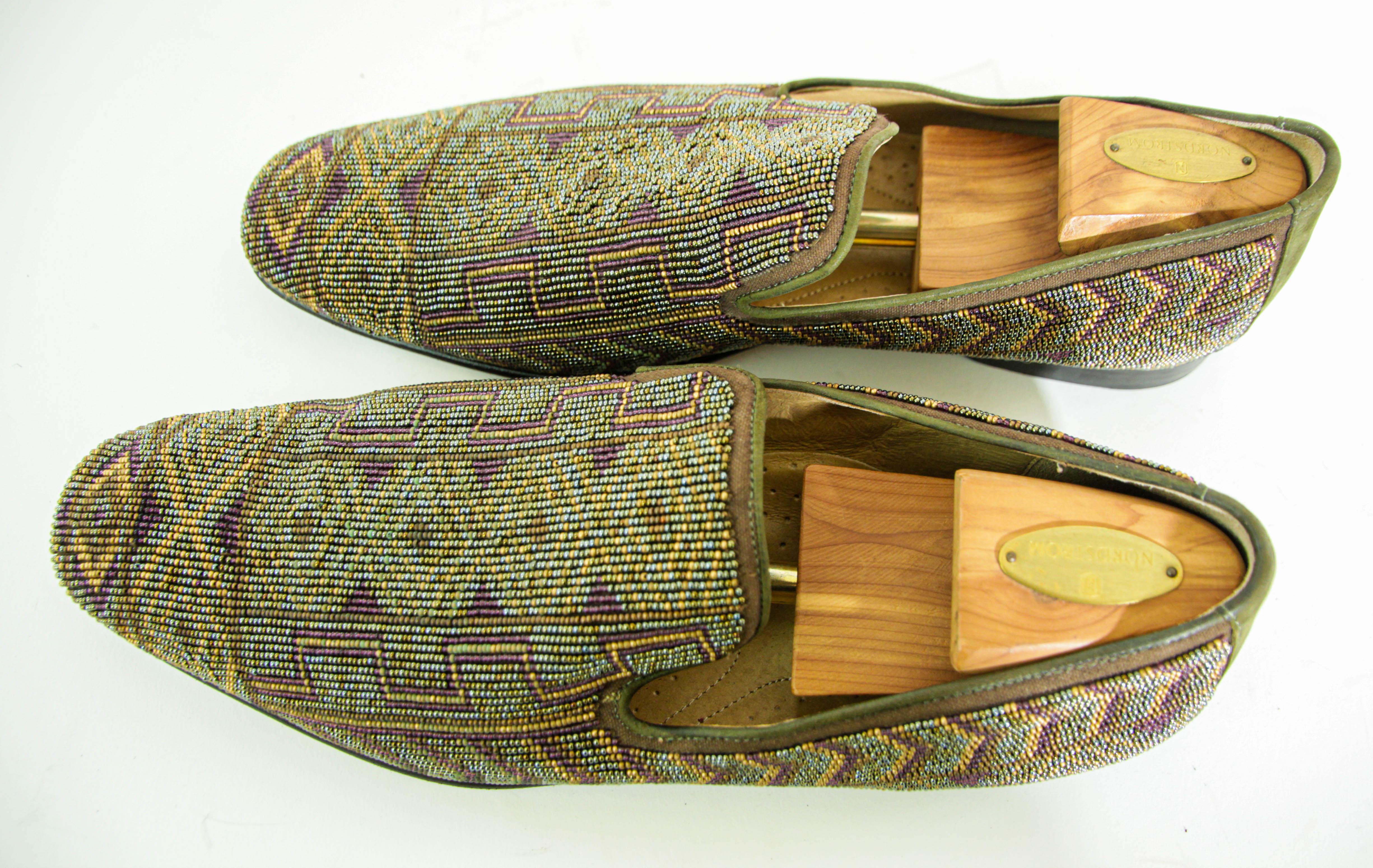 DONALD J PLINER Size 13 Green Purple Beaded Leather Slip On Loafers For Sale 4
