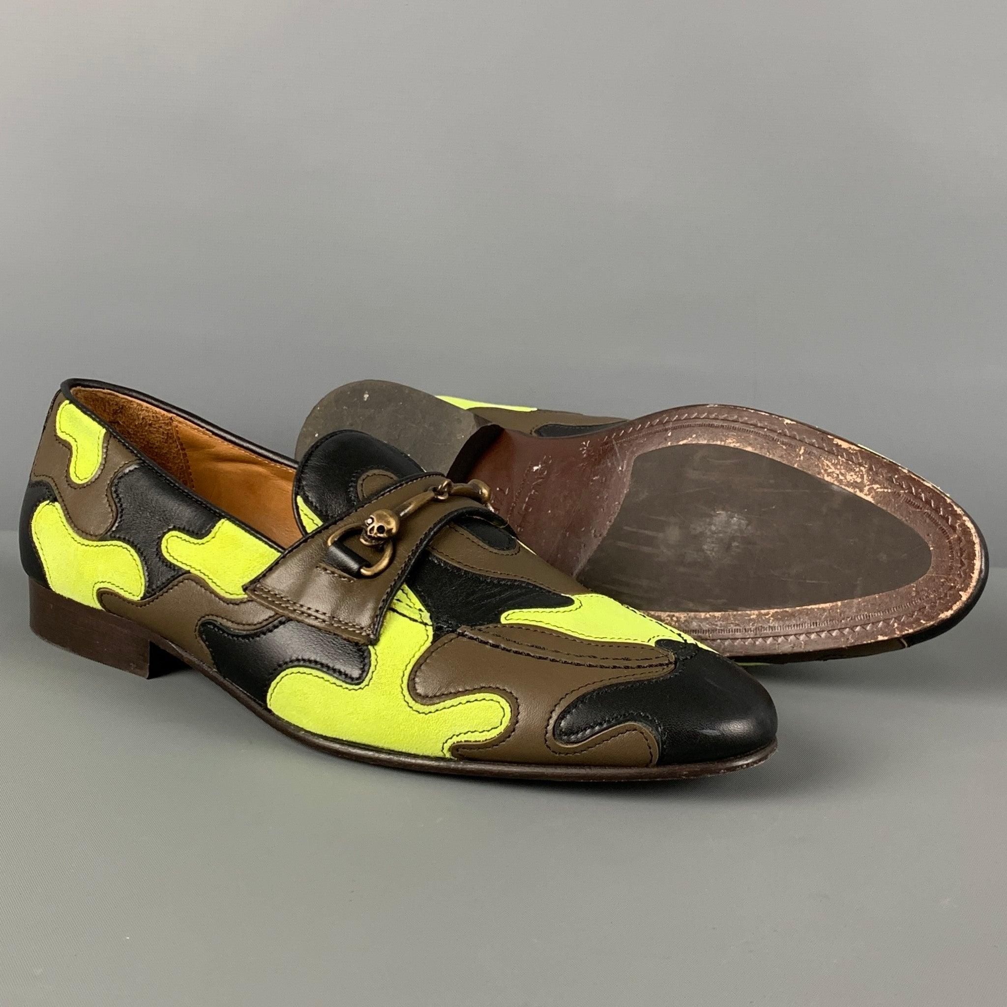 DONALD J PLINER Größe 8.5 Grün Schwarz Braun Camo Leder Slip On Loafers im Zustand „Gut“ im Angebot in San Francisco, CA