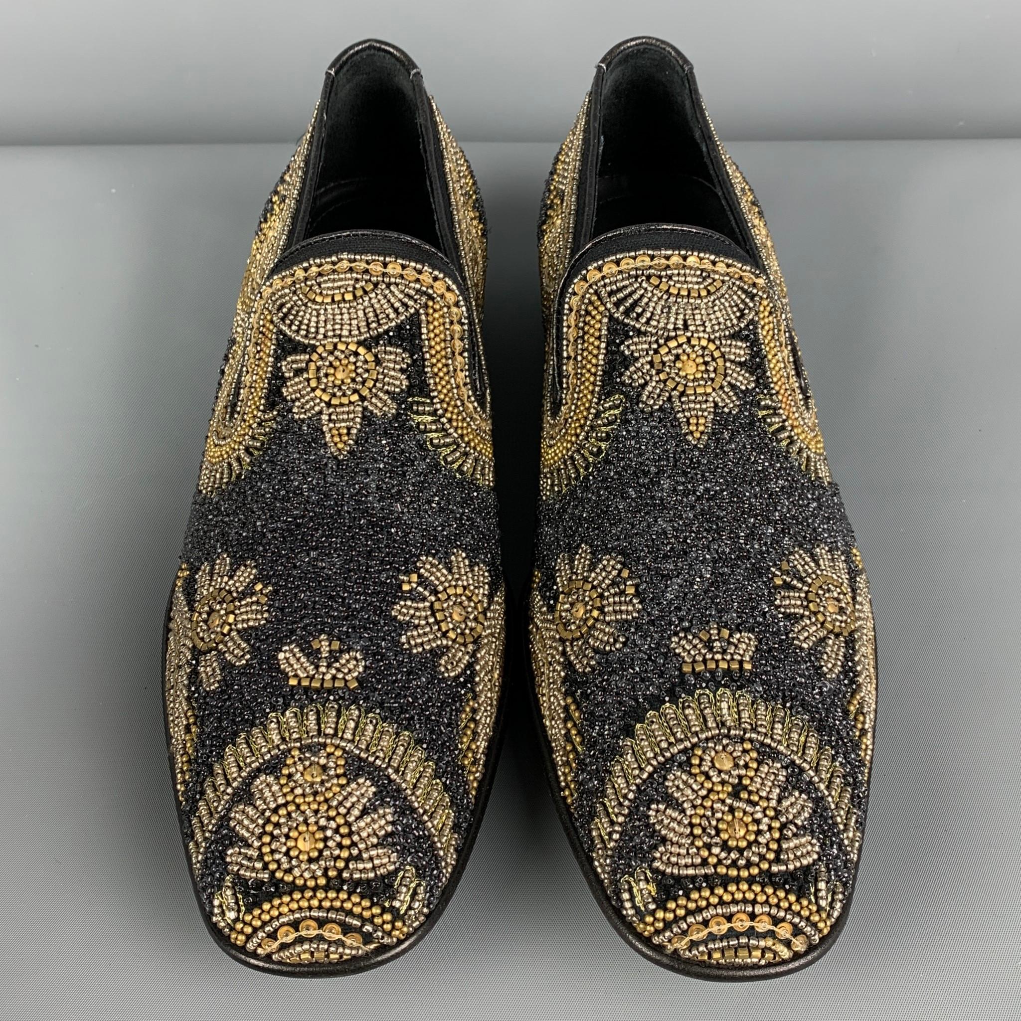 DONALD J PLINER Size 9 Black Silver Gold Beaded Leather Slip On Loafers In Good Condition In San Francisco, CA