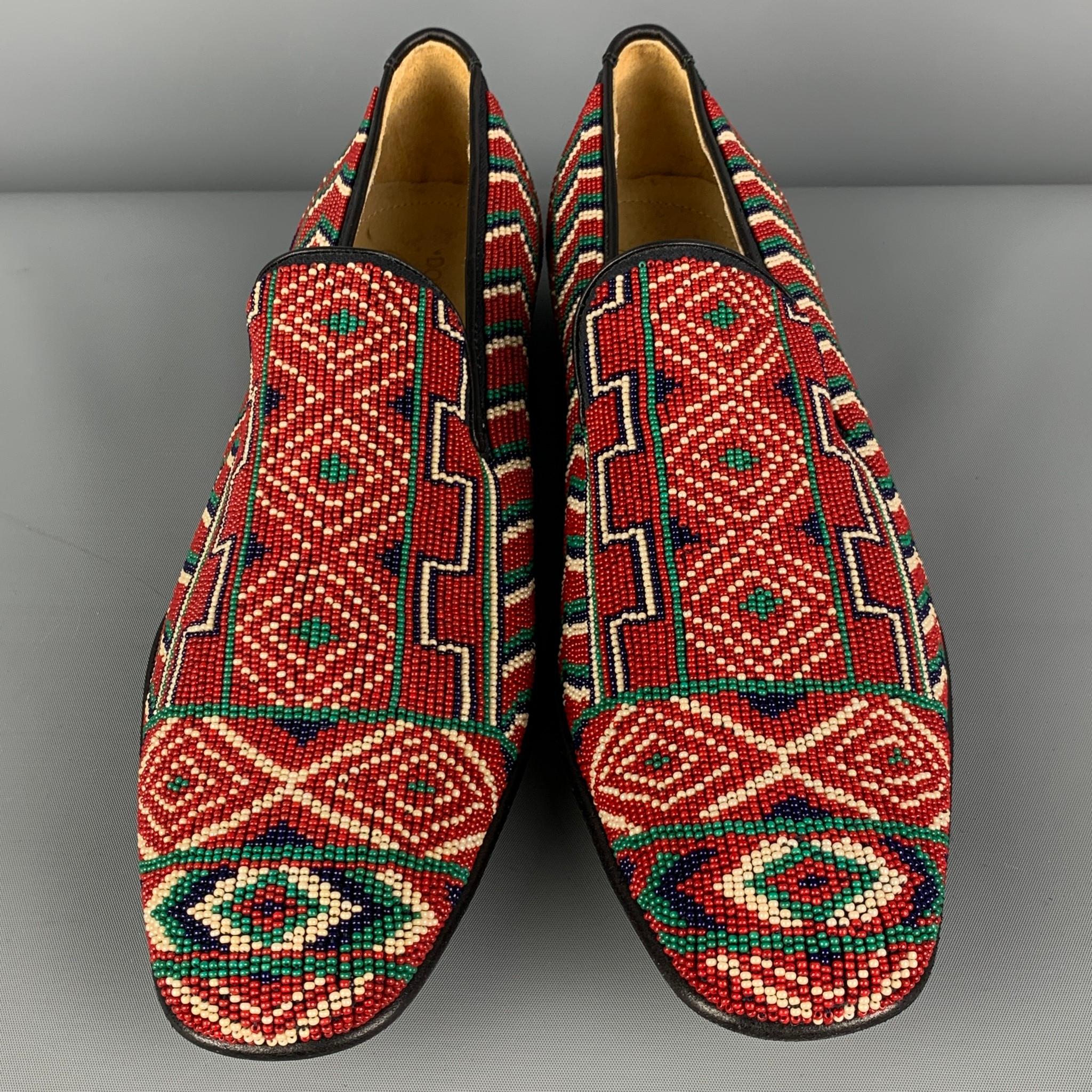 DONALD J PLINER Size 9 Red Navy Green Beaded Leather Slip On Loafers In Good Condition In San Francisco, CA