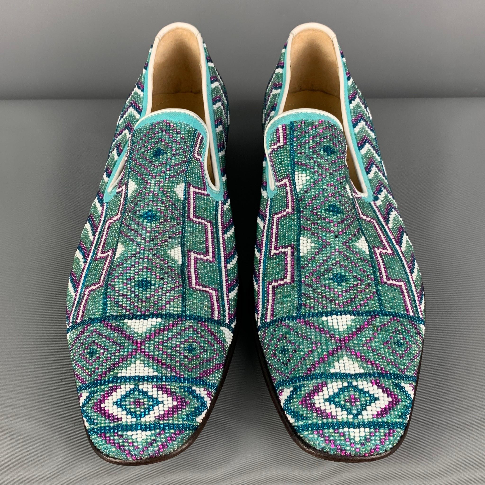 Green DONALD J PLINER Size 9 Turquoise Purple Beaded Leather Slip On Loafers