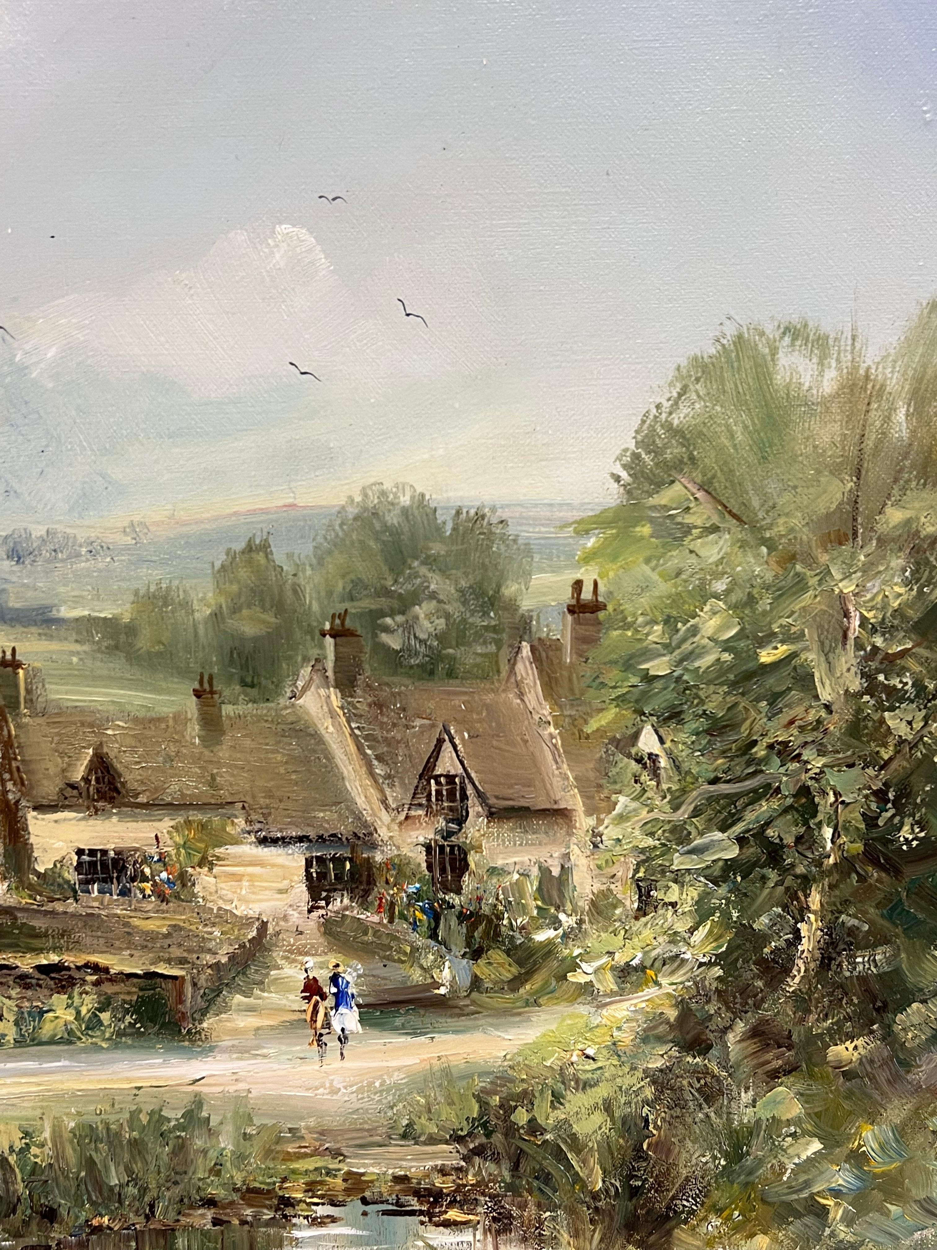 Arlington Row Bibury The Cotswolds England Original signiertes Ölgemälde (Grau), Figurative Painting, von Donald Jennings