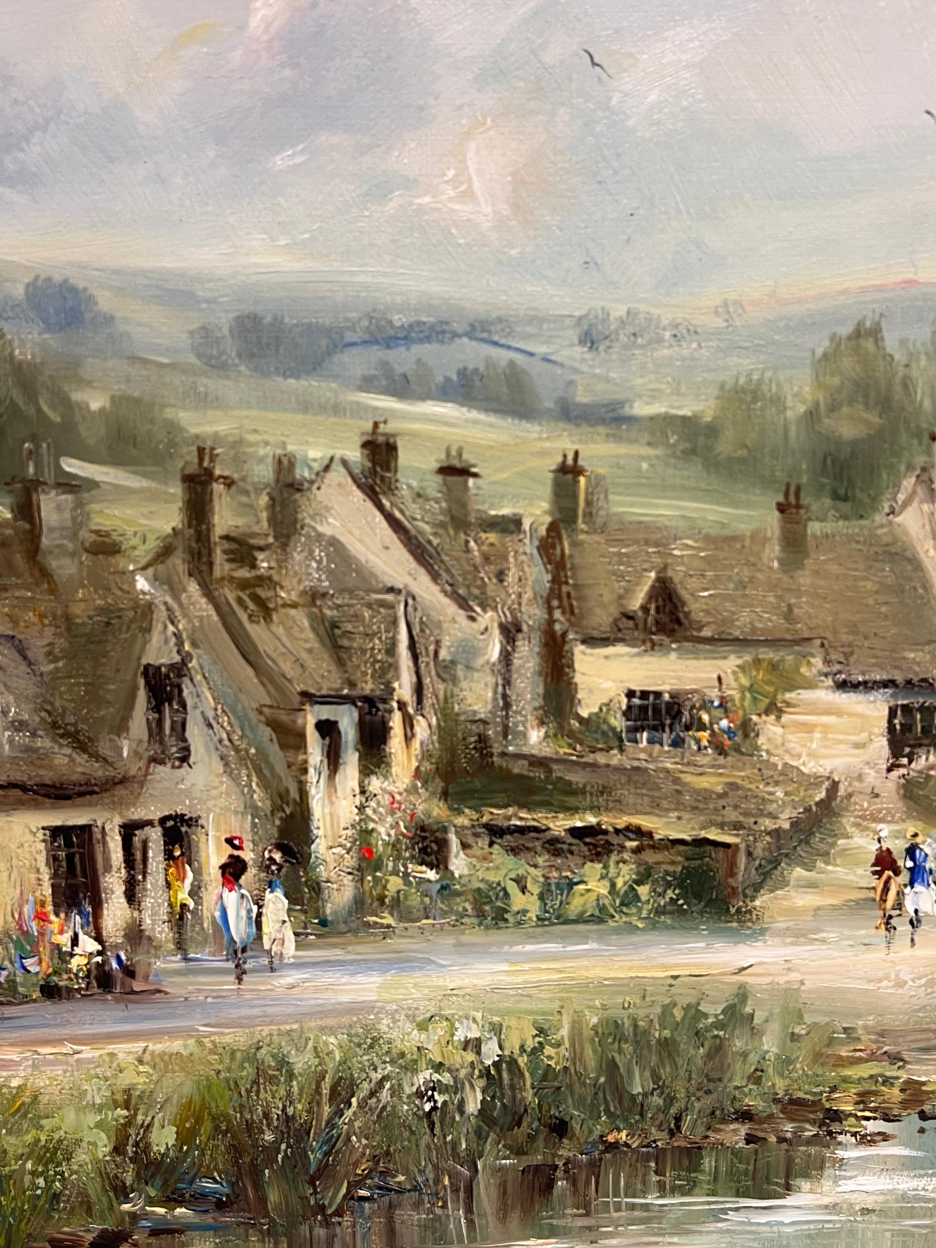 Arlington Row, Bibury, Cotswolds, England
(diese Ansicht ist etwa 7 Meilen von unserer Galerie entfernt)

Donald Jennings (20. Jahrhundert) 
aus dem Jahr 1996
signiertes Öl auf Leinwand, gerahmt
verso beschriftet
Gerahmt: 26 x 36 Zoll
Leinwand : 20