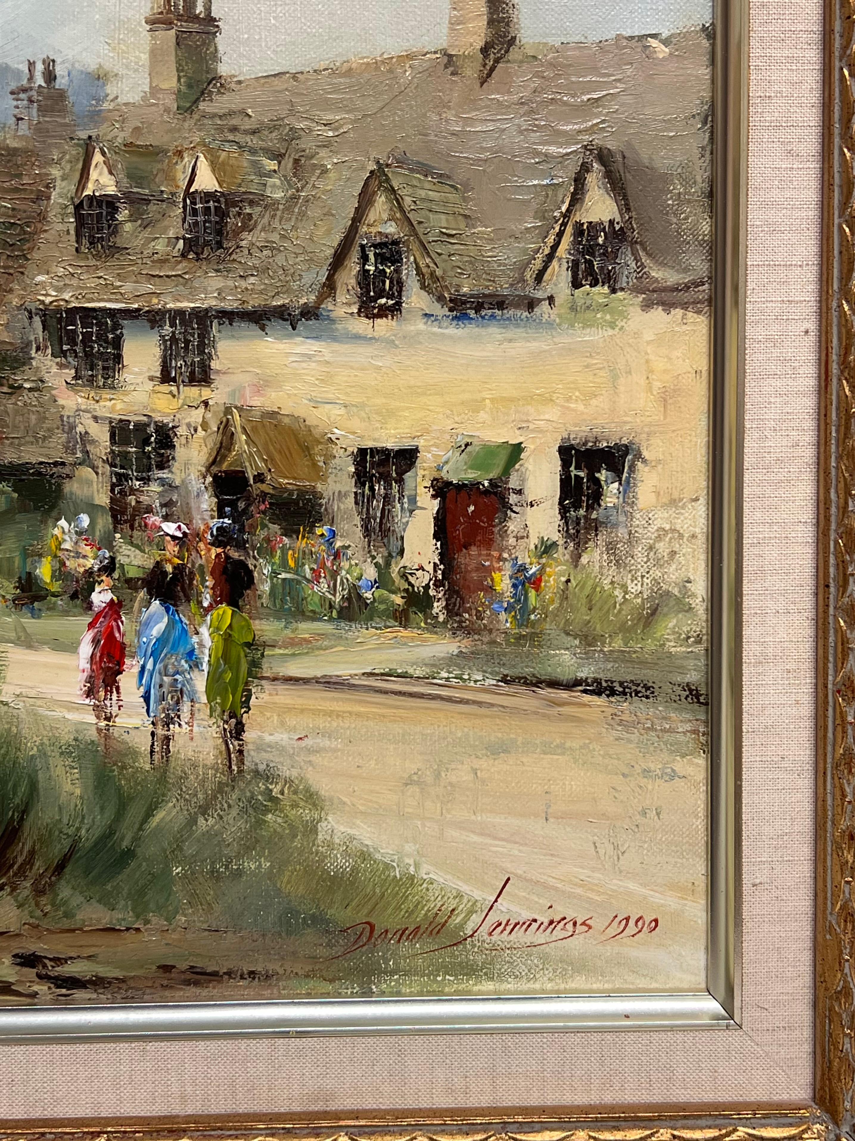 Castle Combe Die Cotswolds England Original signiert Ölgemälde Das Dorf (Braun), Landscape Painting, von Donald Jennings