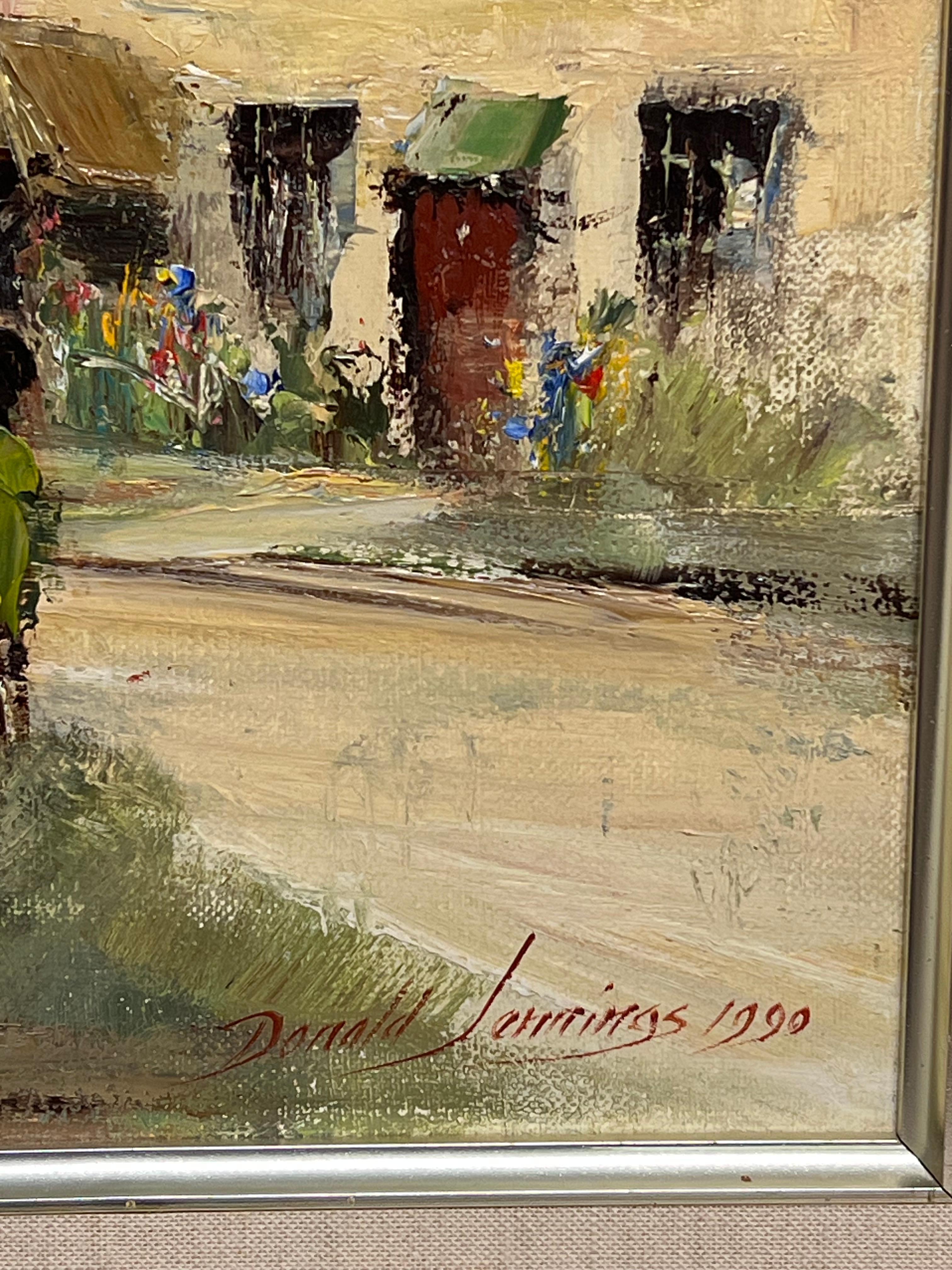 Castle Combe, die Cotswolds, England
Donald Jennings (20. Jahrhundert) 
aus dem Jahr 1990
signiertes Öl auf Leinwand, gerahmt
verso beschriftet
Gerahmt: 26 x 36 Zoll
Leinwand : 20 x 30 Zoll
Provenienz: Privatsammlung, England
Condit: sehr guter