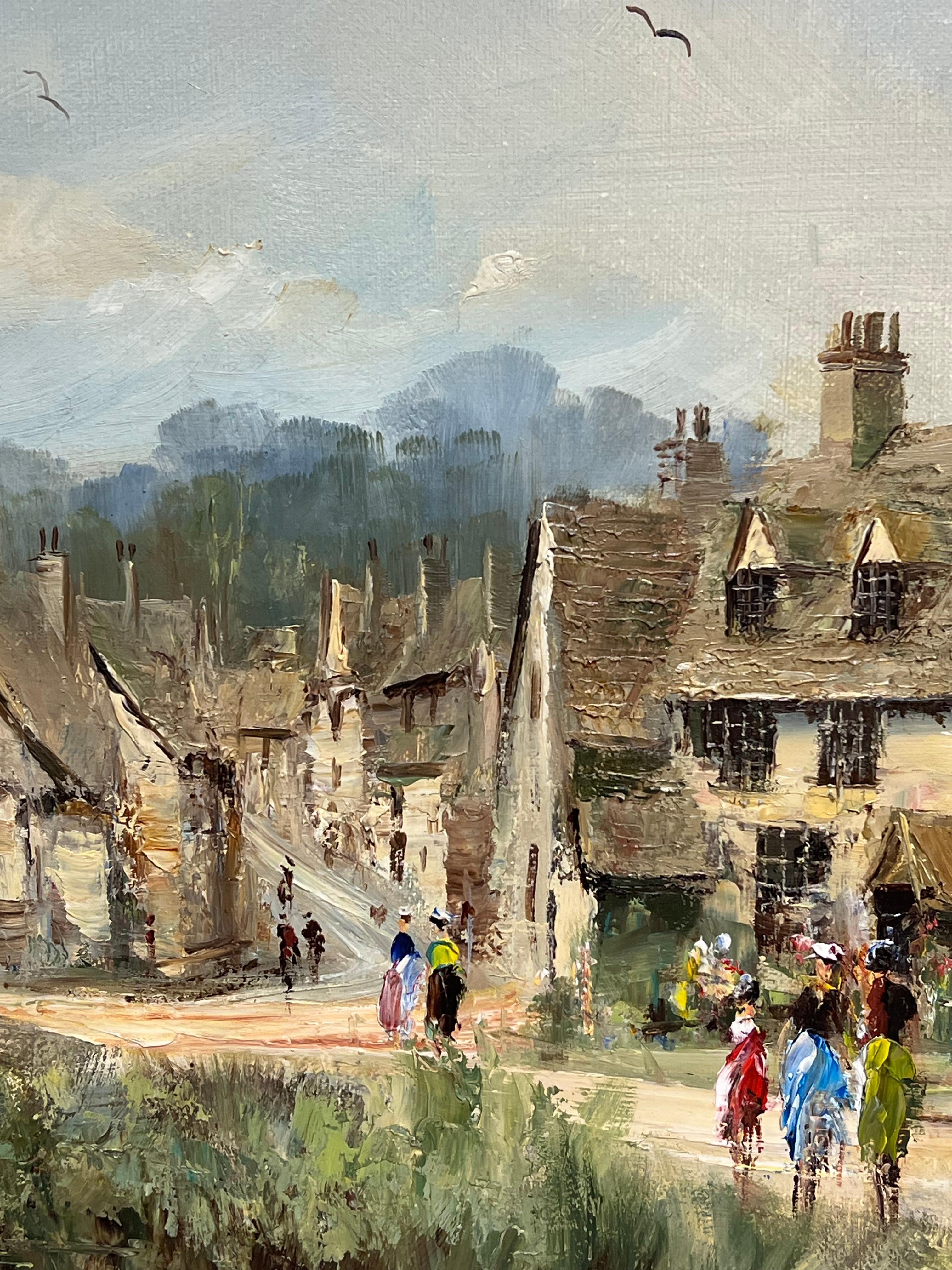 Castle Combe Die Cotswolds England Original signiert Ölgemälde Das Dorf im Angebot 1