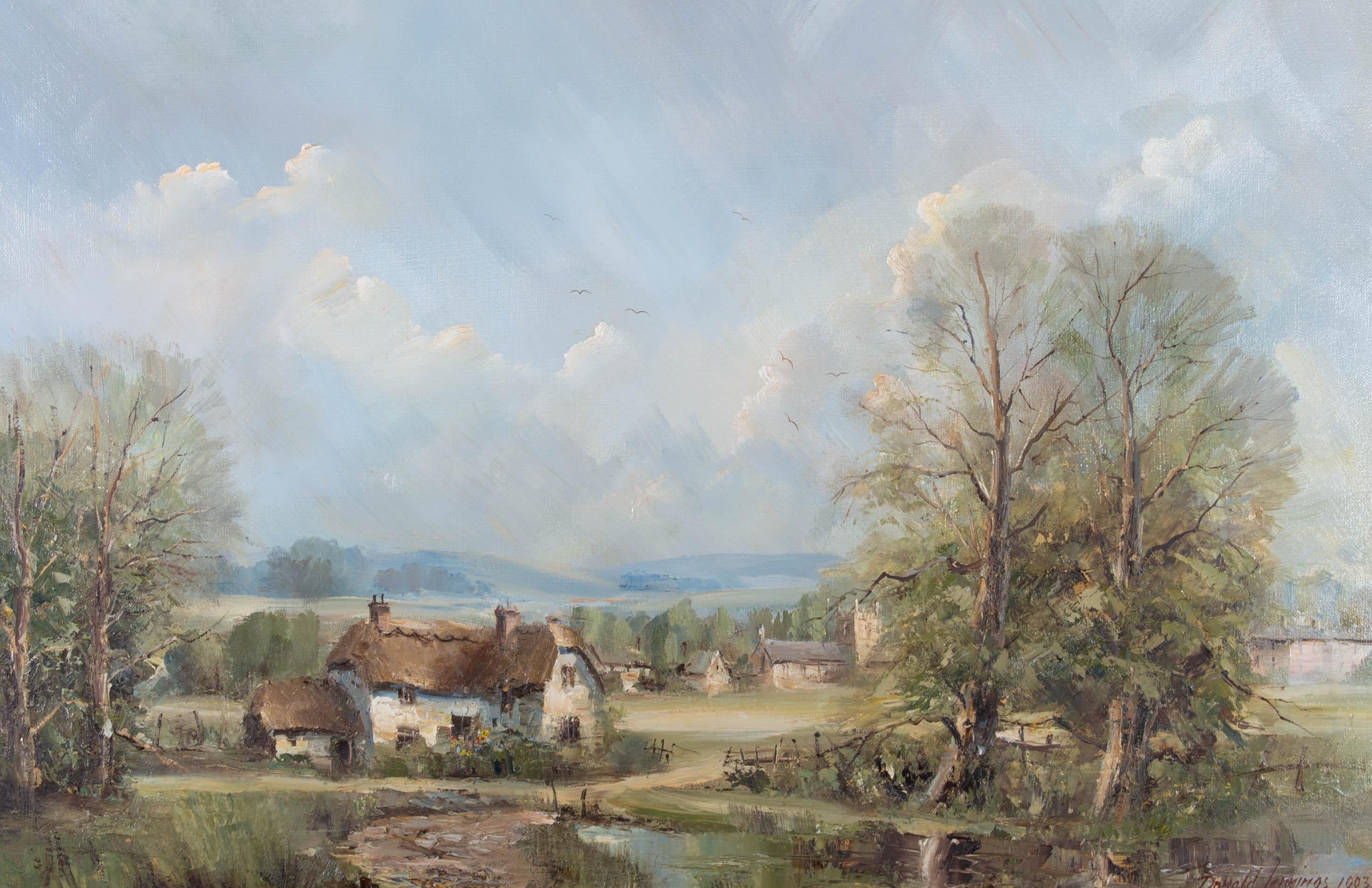 A charming oil painting by Donald Jennings, depicting a rural landscape scene with a cottage and a church in the background. Signed and dated to the lower right-hand corner. Well-presented in a fabric slip with an inner gilt-effect detail, and in an