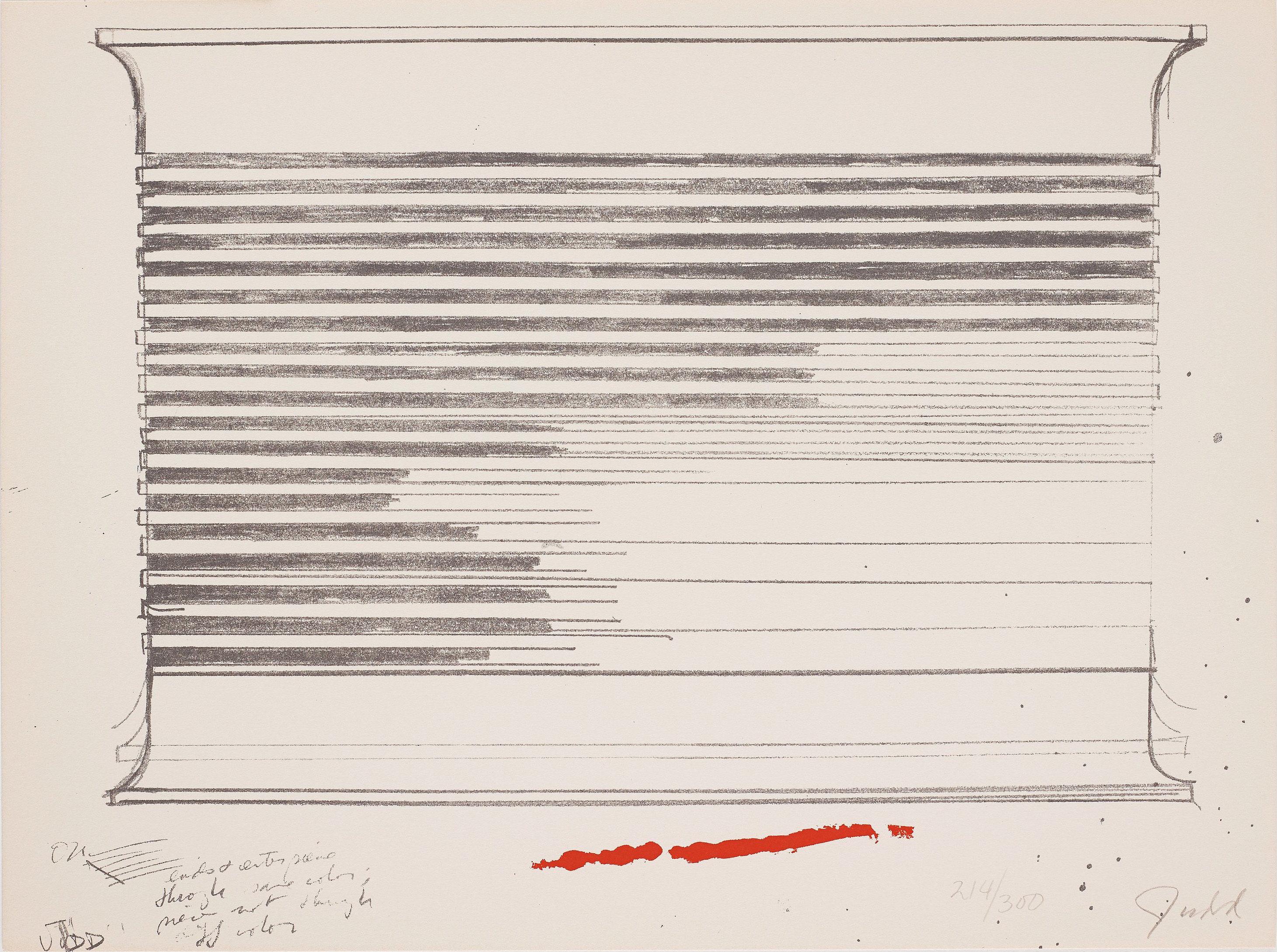 Donald Judd
Untitled, 1973

Lithograph and screenprint, on rag paper
Signed and numbered from the edition of 300
With the artist's copyright inkstamp verso
From The New York Collection for Stockholm
Printed by Styria Studio, Inc., New York
Published