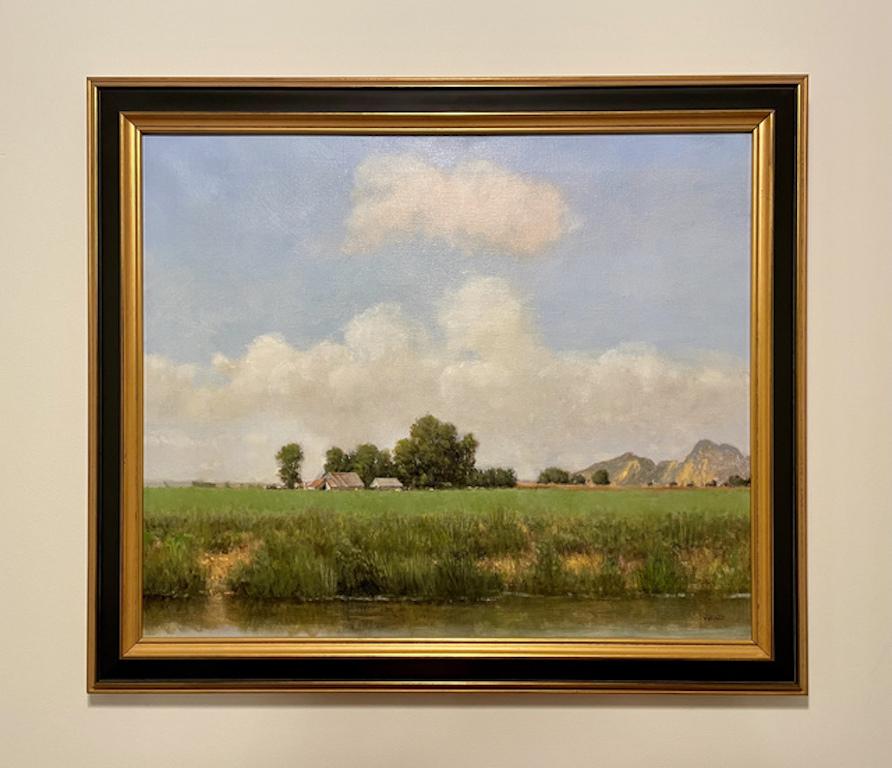 Donald Jurney Landscape Painting - Sutter Buttes, from near Grimes, CA, 1989, oil on canvas 19 1/2x23 1/2 inches