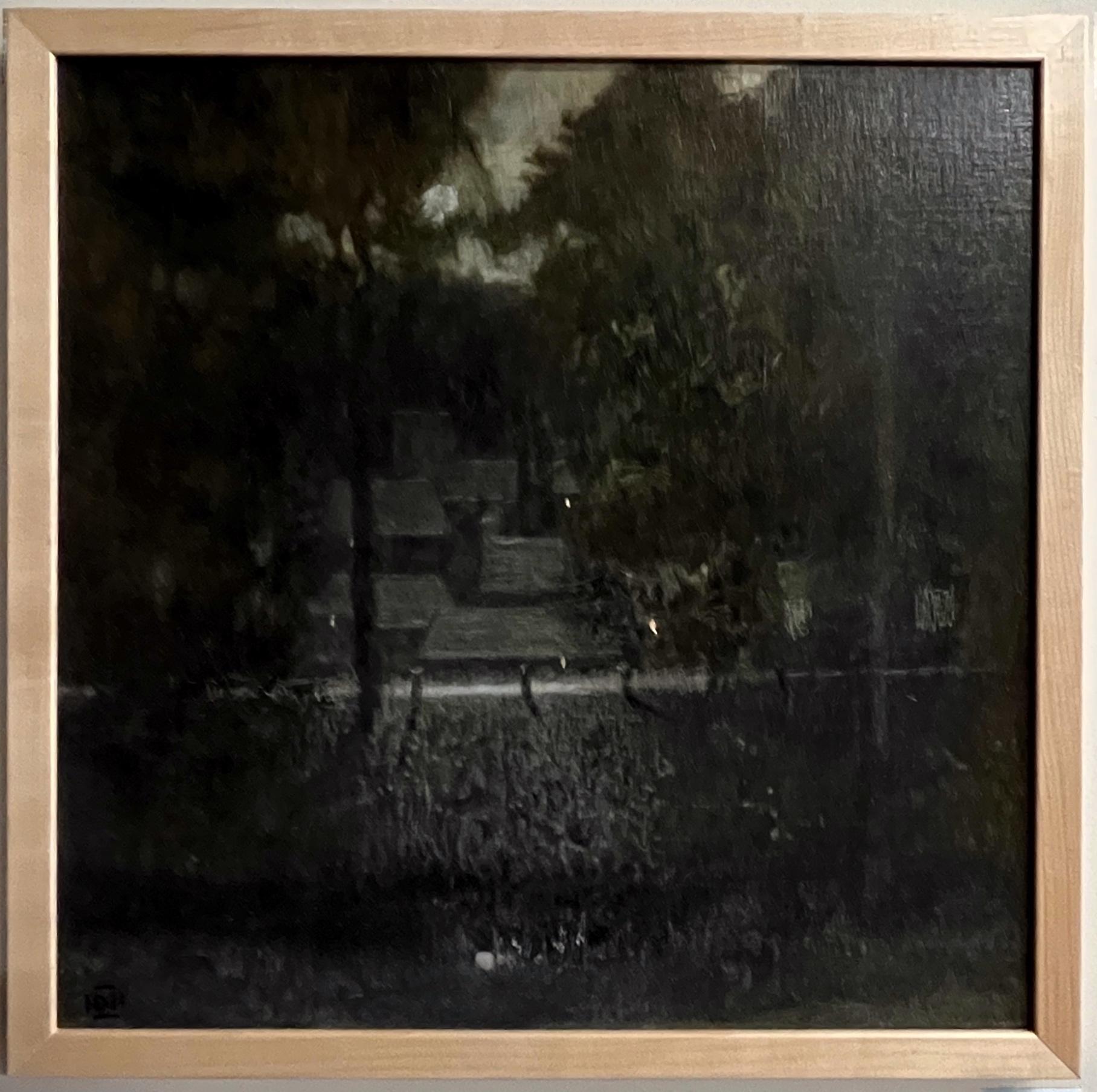 Figurative Painting di Donald Jurney - Villaggio al chiaro di luna