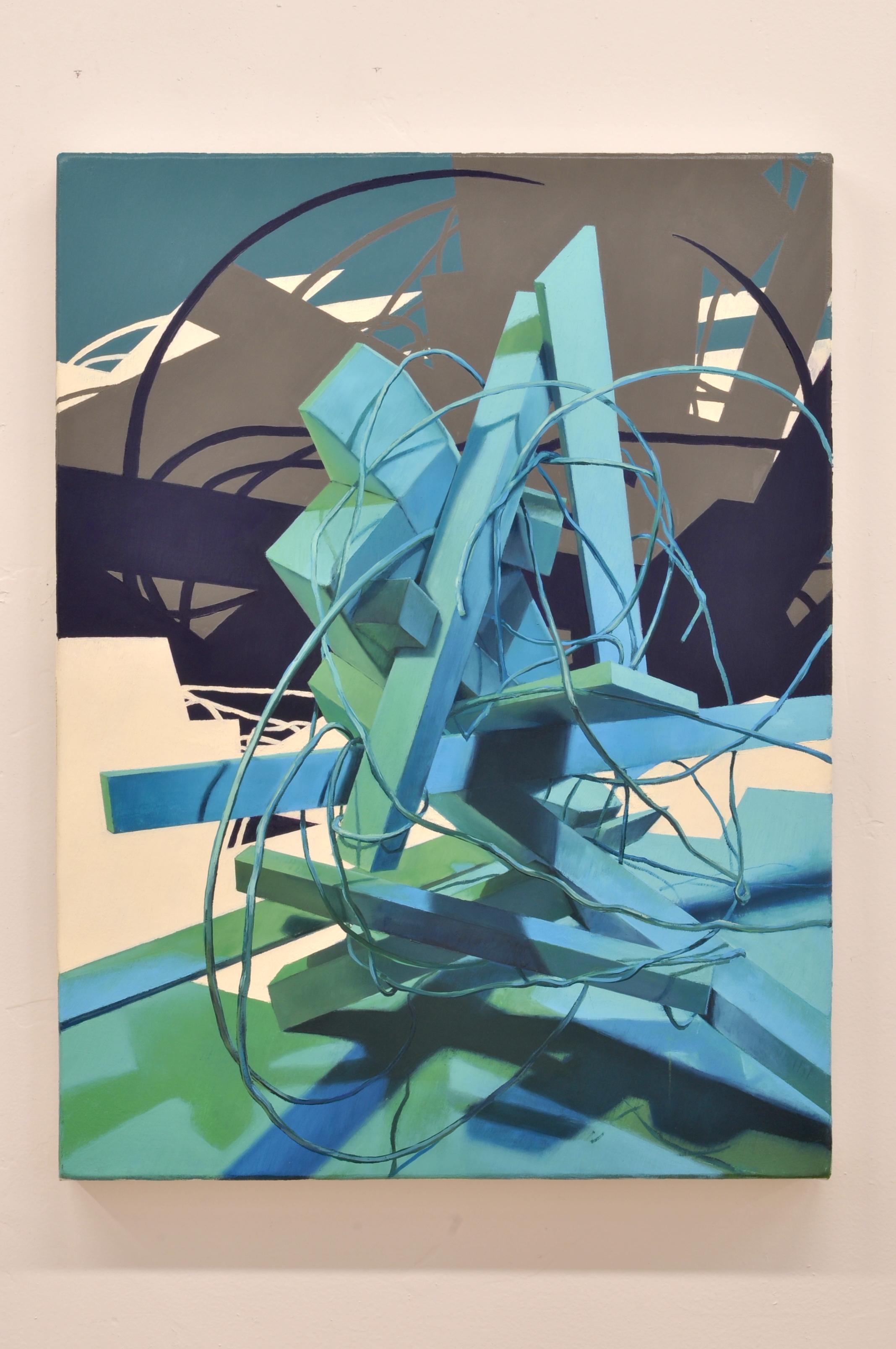 UNTITLED CONSTRUCT 2 - Pittura ad olio astratta/figurativa in verde, blu e grigio - Painting di Donald Keefe