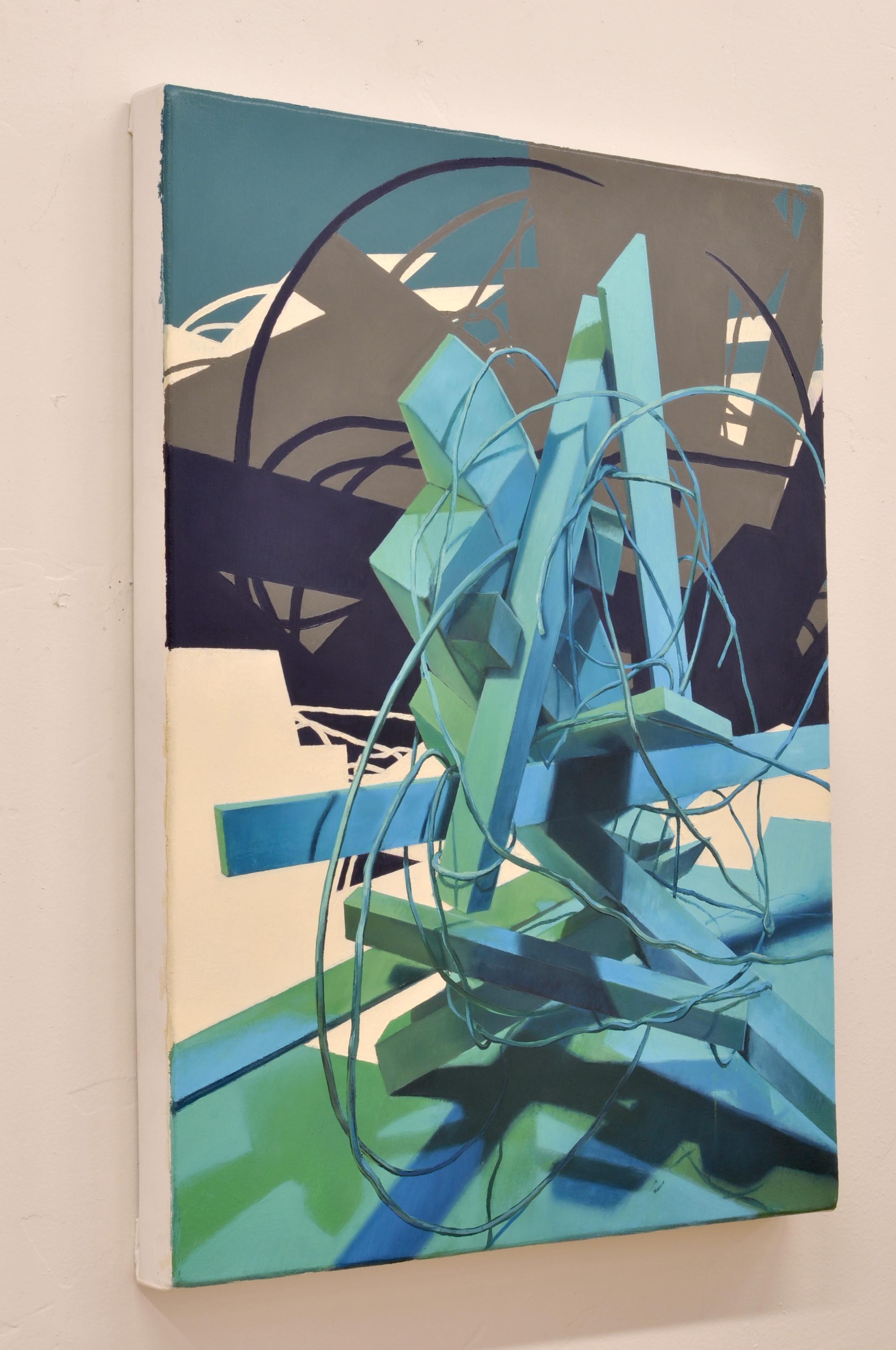 UNTITLED CONSTRUCT 2 - Pittura ad olio astratta/figurativa in verde, blu e grigio - Still-Life Painting Grigio di Donald Keefe