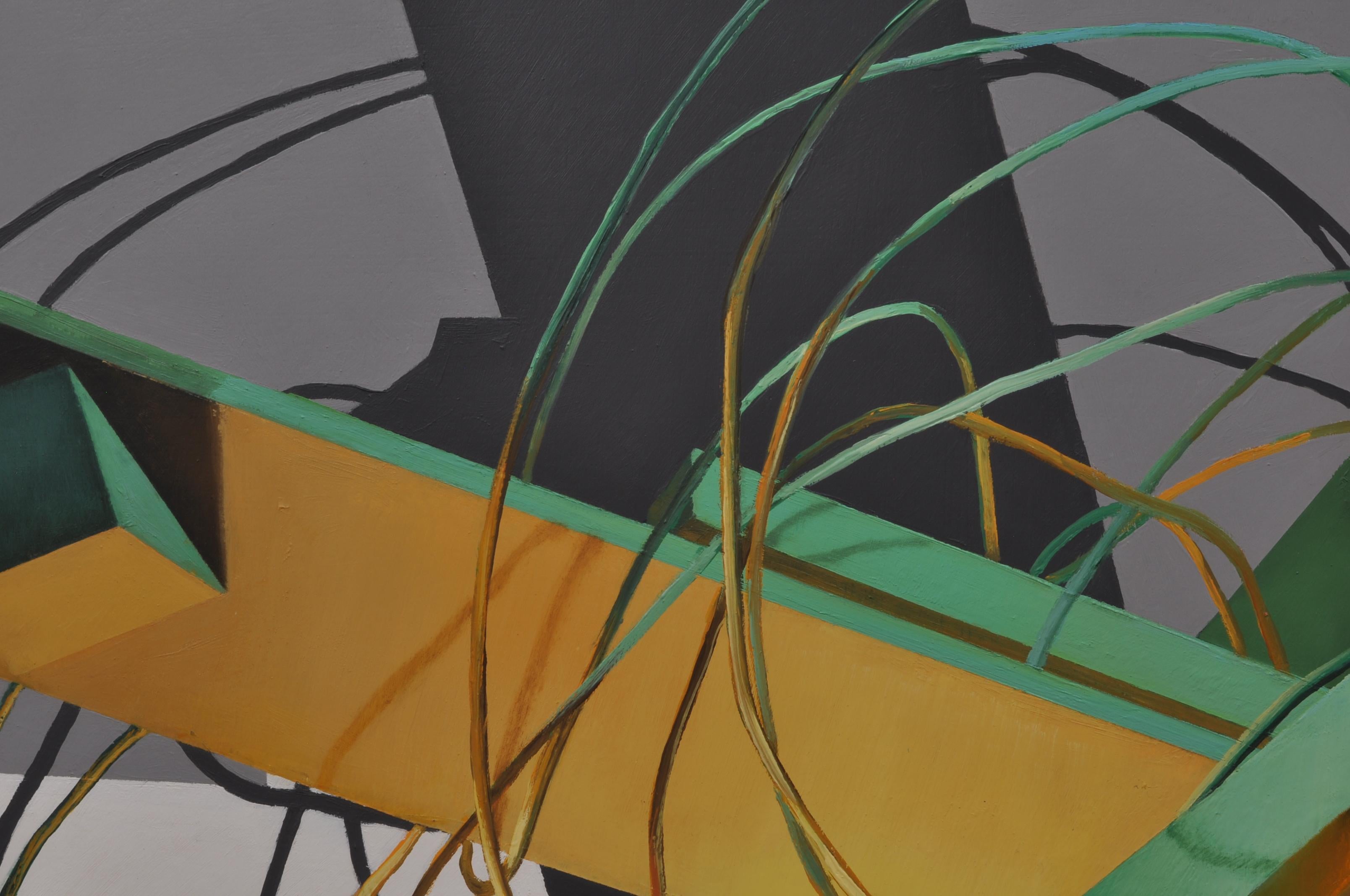 UNTITLED CONSTRUCT 5 - Pittura ad olio astratta/figurativa in grigio, verde e giallo - Still-Life Painting Grigio di Donald Keefe