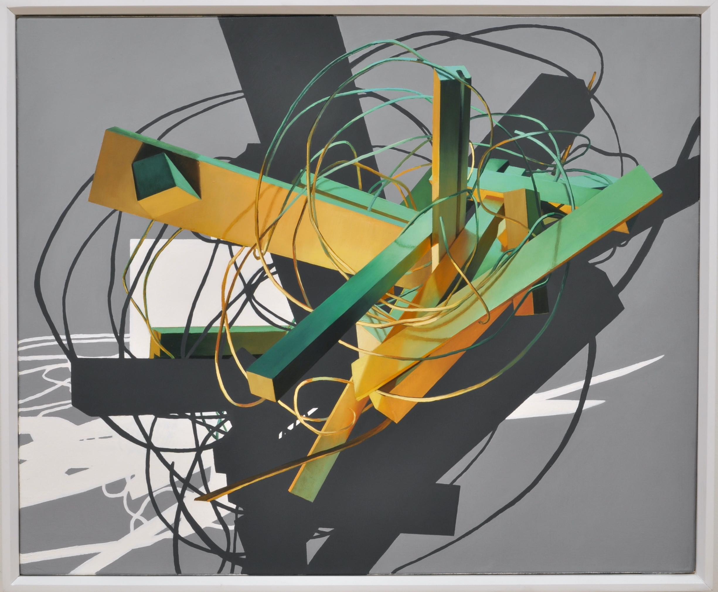 Still-Life Painting di Donald Keefe - UNTITLED CONSTRUCT 5 - Pittura ad olio astratta/figurativa in grigio, verde e giallo