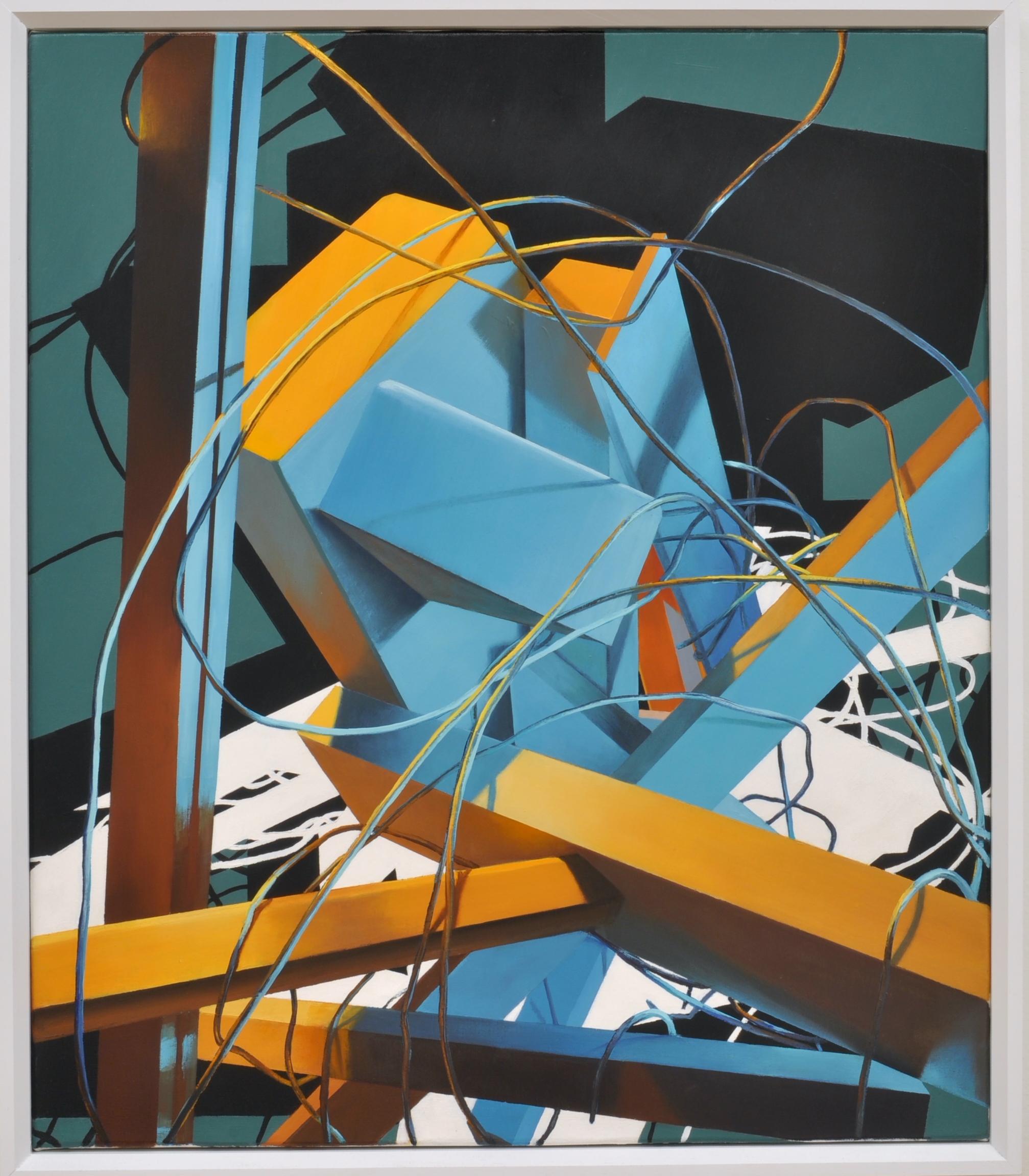 Donald Keefe Figurative Painting - UNTITLED CONSTRUCT 6 - Framed Abstract Painting in Blue, Yellow, White & Green