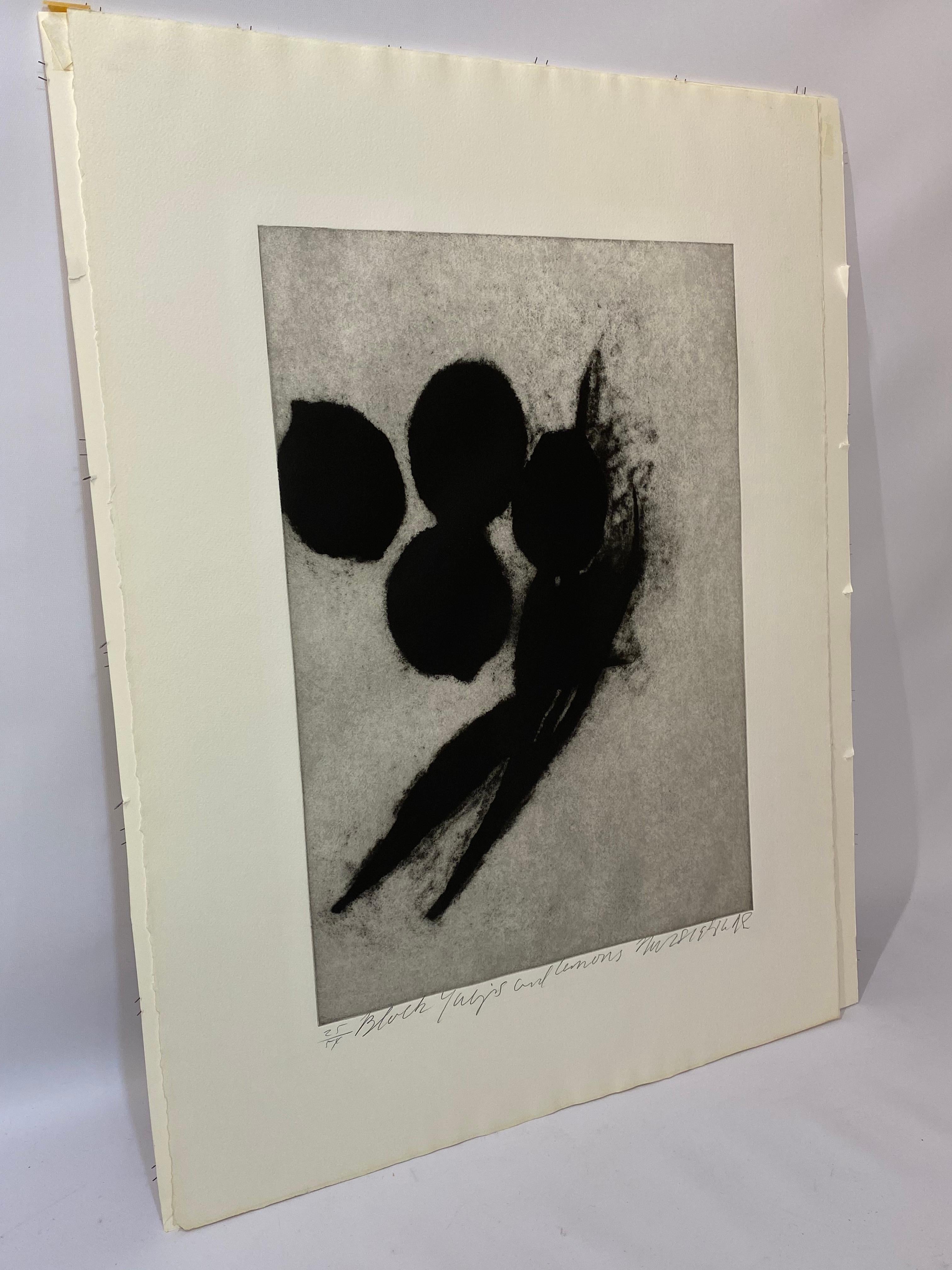 Etching and aquatint entitled Black Tulips and Lemons by Donald Sultan, circa 1986. Edition 25/54. Signed and titled in pencil. Very good, strong image.

Wiki:

As a printmaker, his Scope of work includes lithography, serigraphy, wood cut,