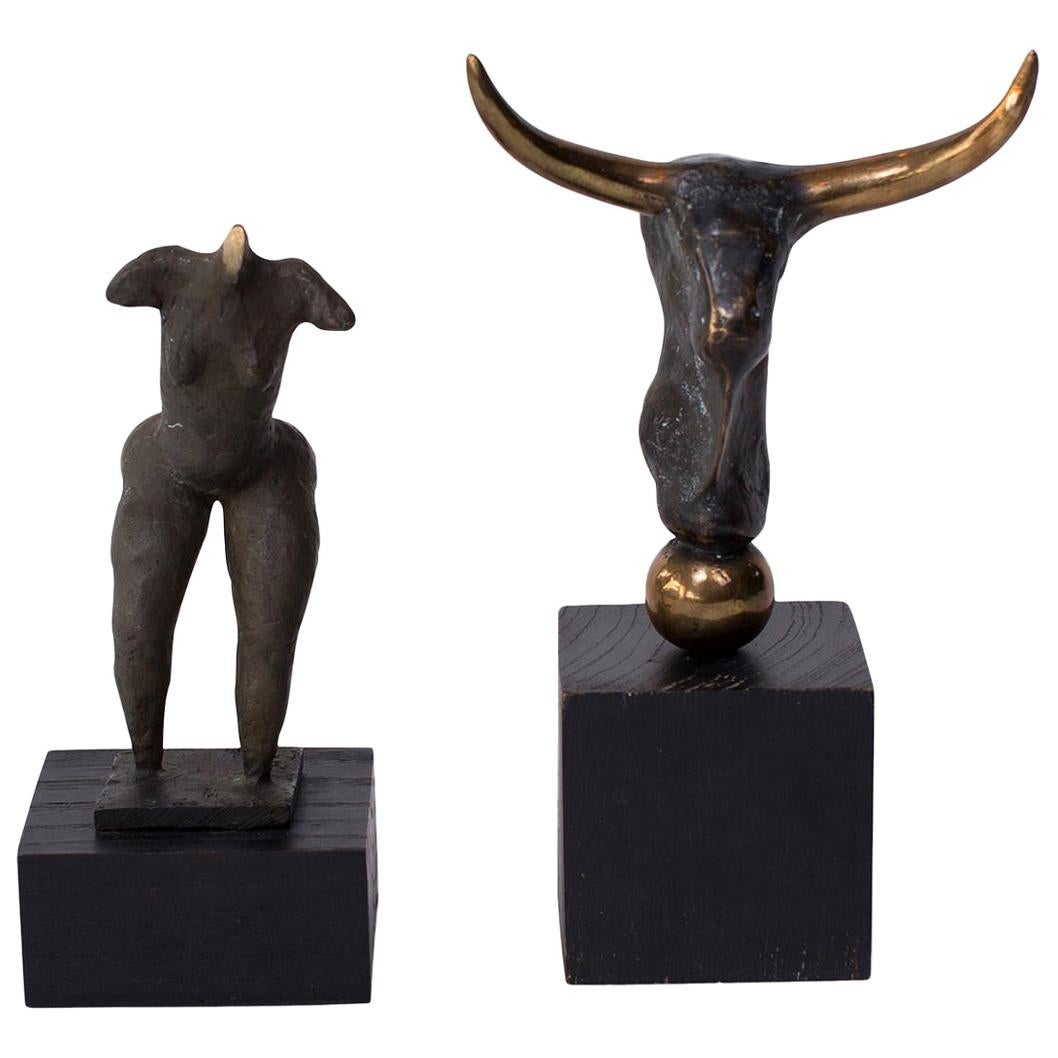 Donald Locke Bronze Sculptures of a Bull & Female Figure