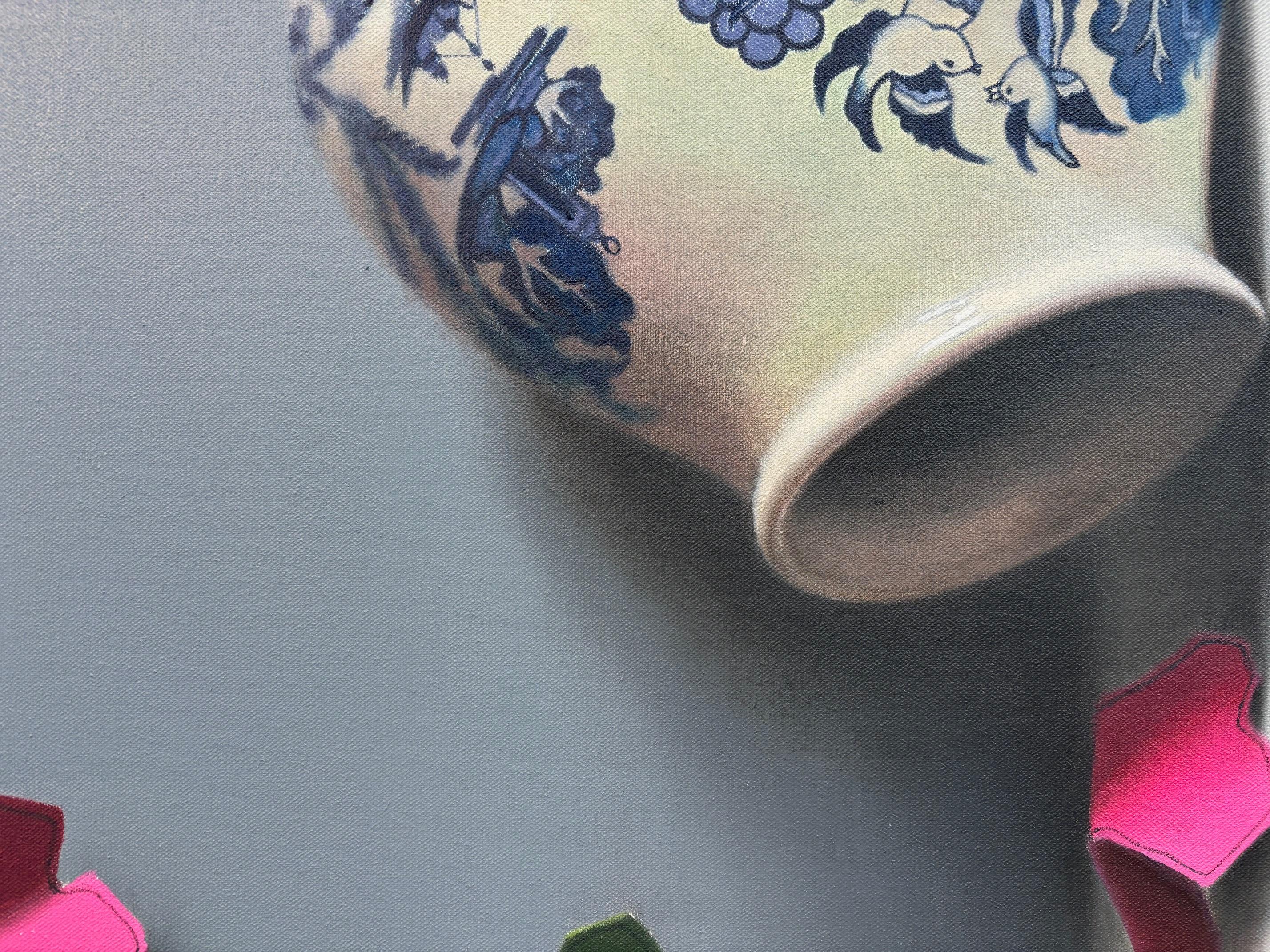 Cobalt Pot 2 - original still life surrealism painting - contemporary art - Gray Still-Life Painting by Donald Macdonald