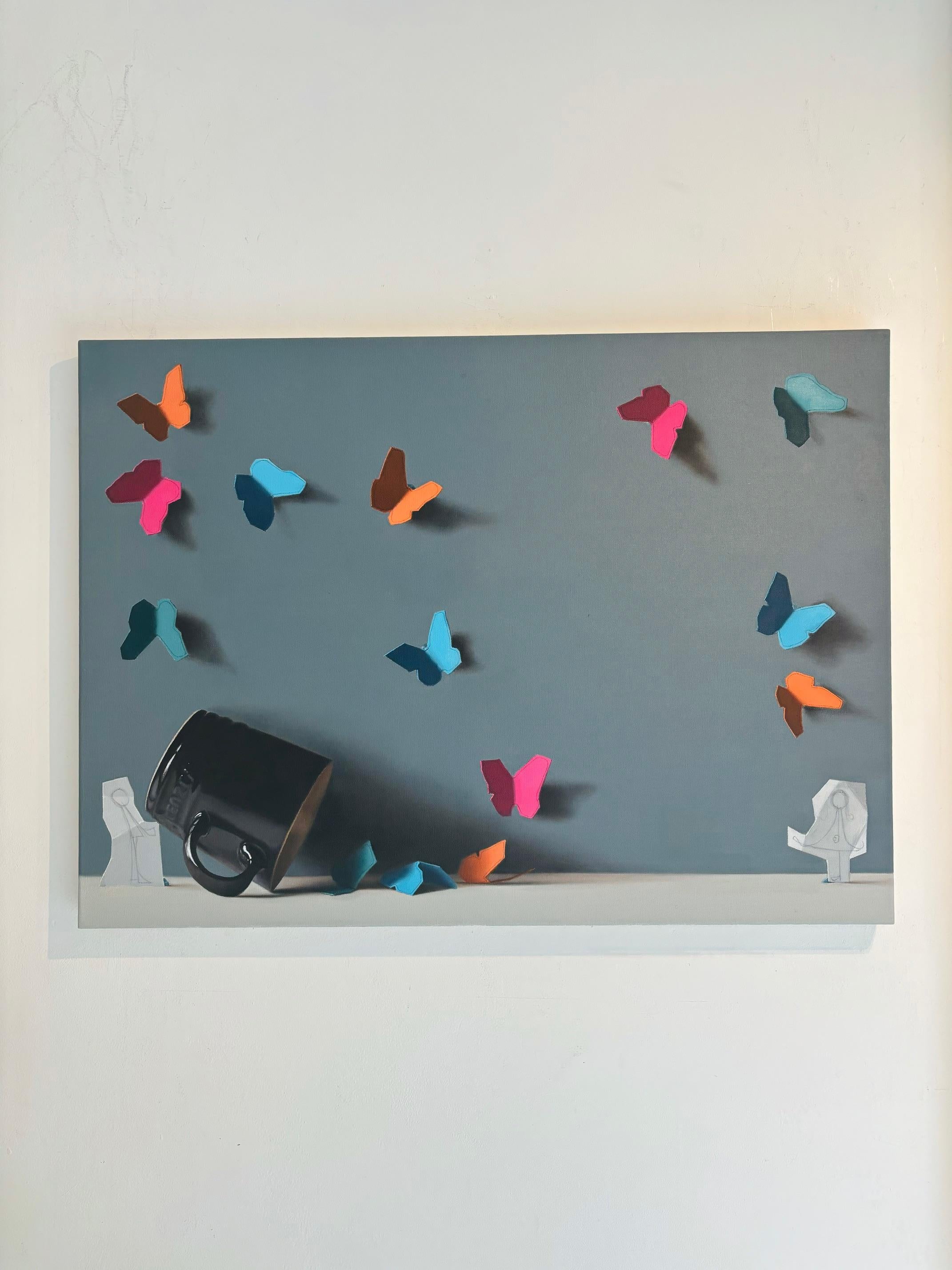 Giving Butterflies - original still life surrealism painting - contemporary art - Surrealist Painting by Donald Macdonald