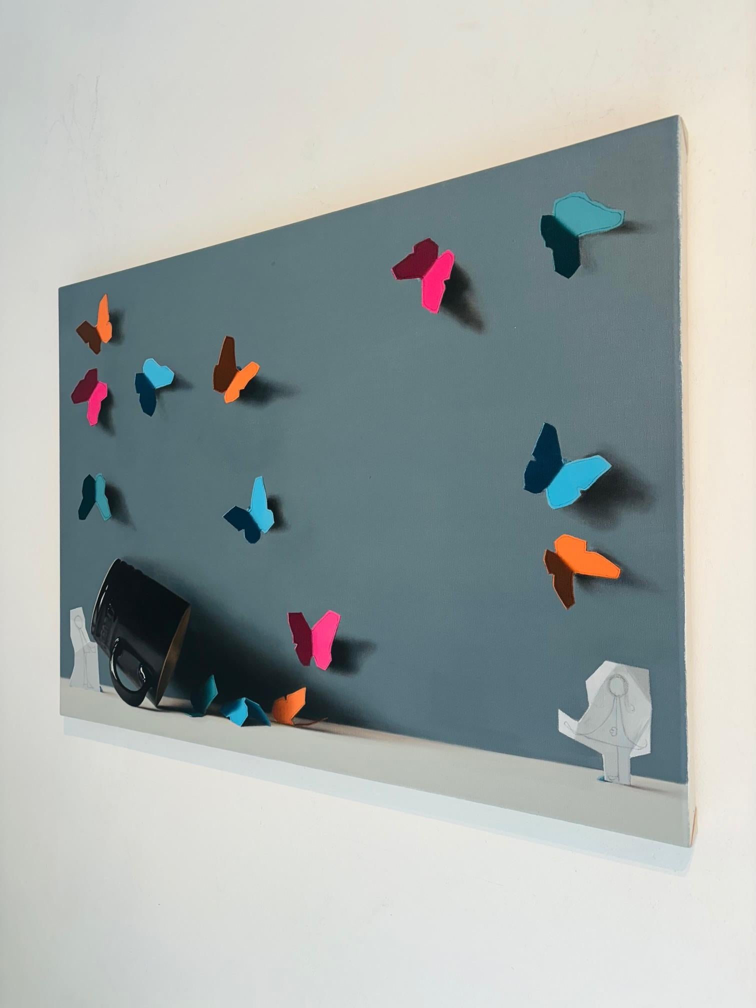 Giving Butterflies - original still life surrealism painting - contemporary art - Gray Still-Life Painting by Donald Macdonald
