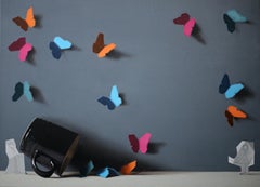 Donner des papillons - nature morte originale peinture surréaliste - art contemporain