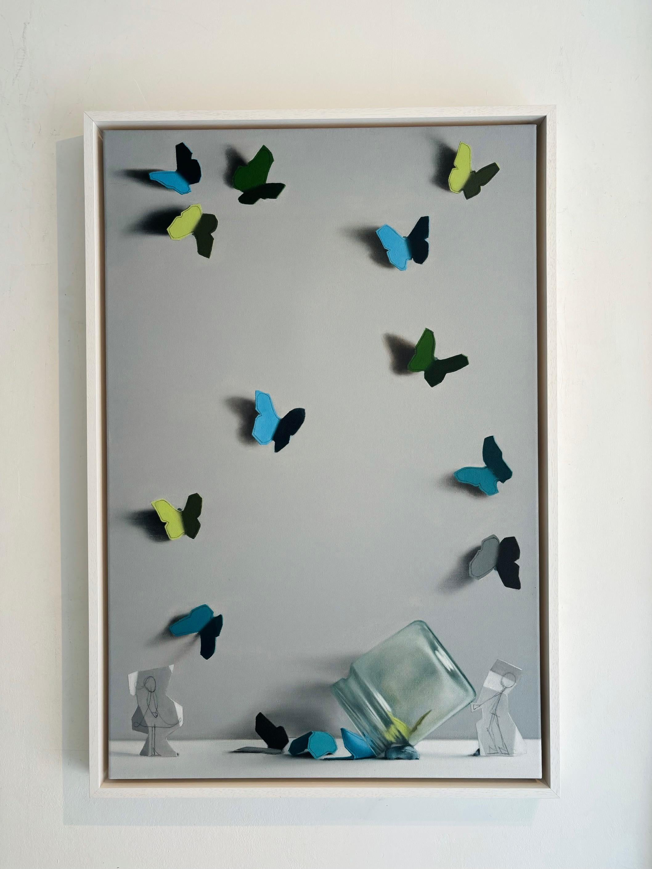 Green and Teal - original still life surrealism painting - contemporary art - Blue Still-Life Painting by Donald Macdonald