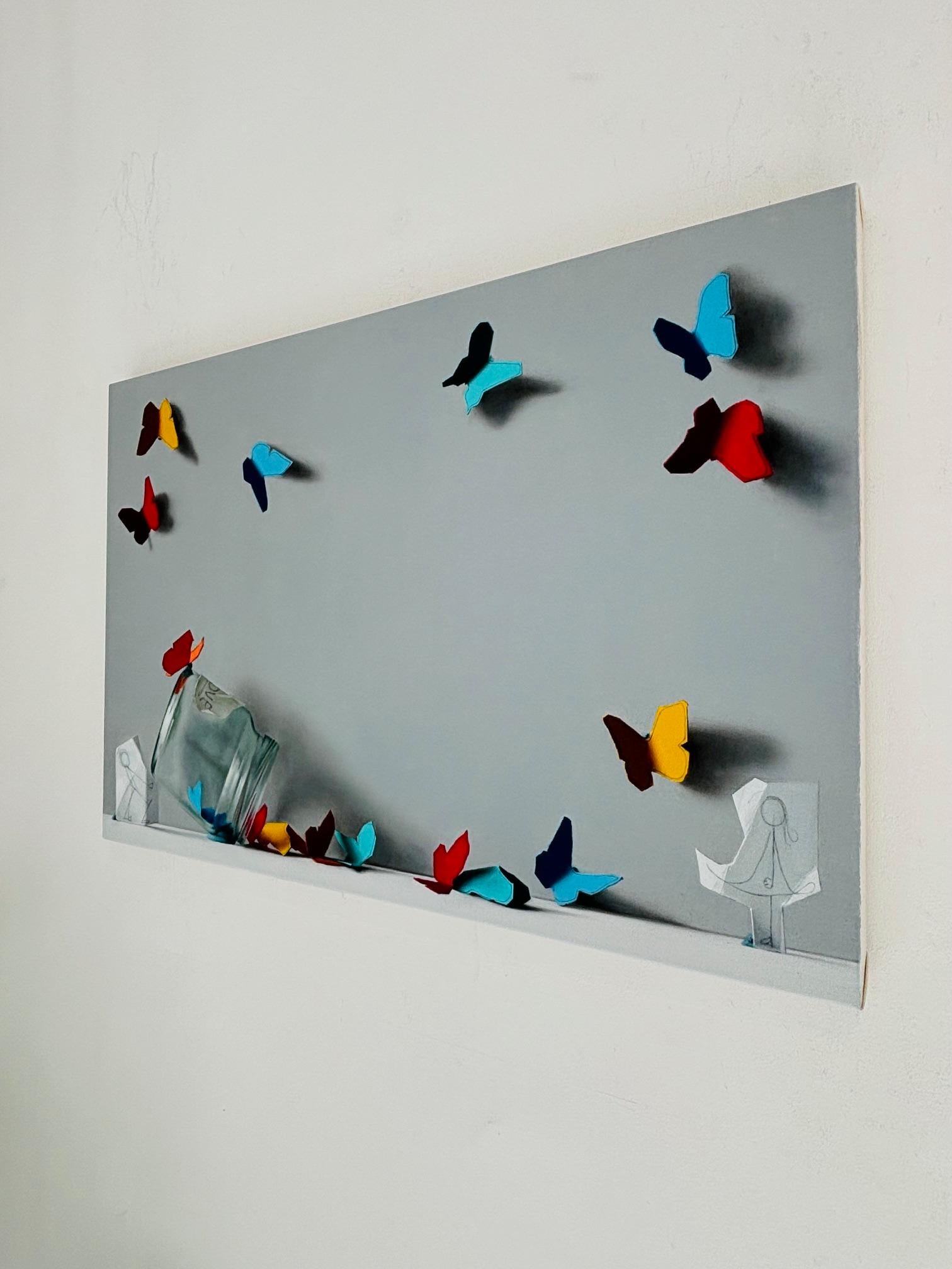 The Butterfly Giver - original still life surrealism painting - contemporary art For Sale 1