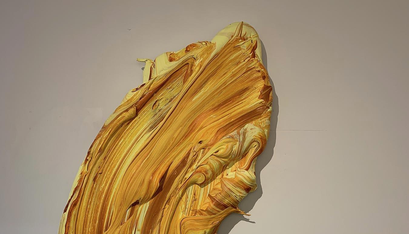 Donald Martiny has been called a gestural abstractionist. This term refers to a method of how the painter applies color to an object. It is evident in this beautiful dimensional yellow work.

His work involves allowing gesture to escape from the