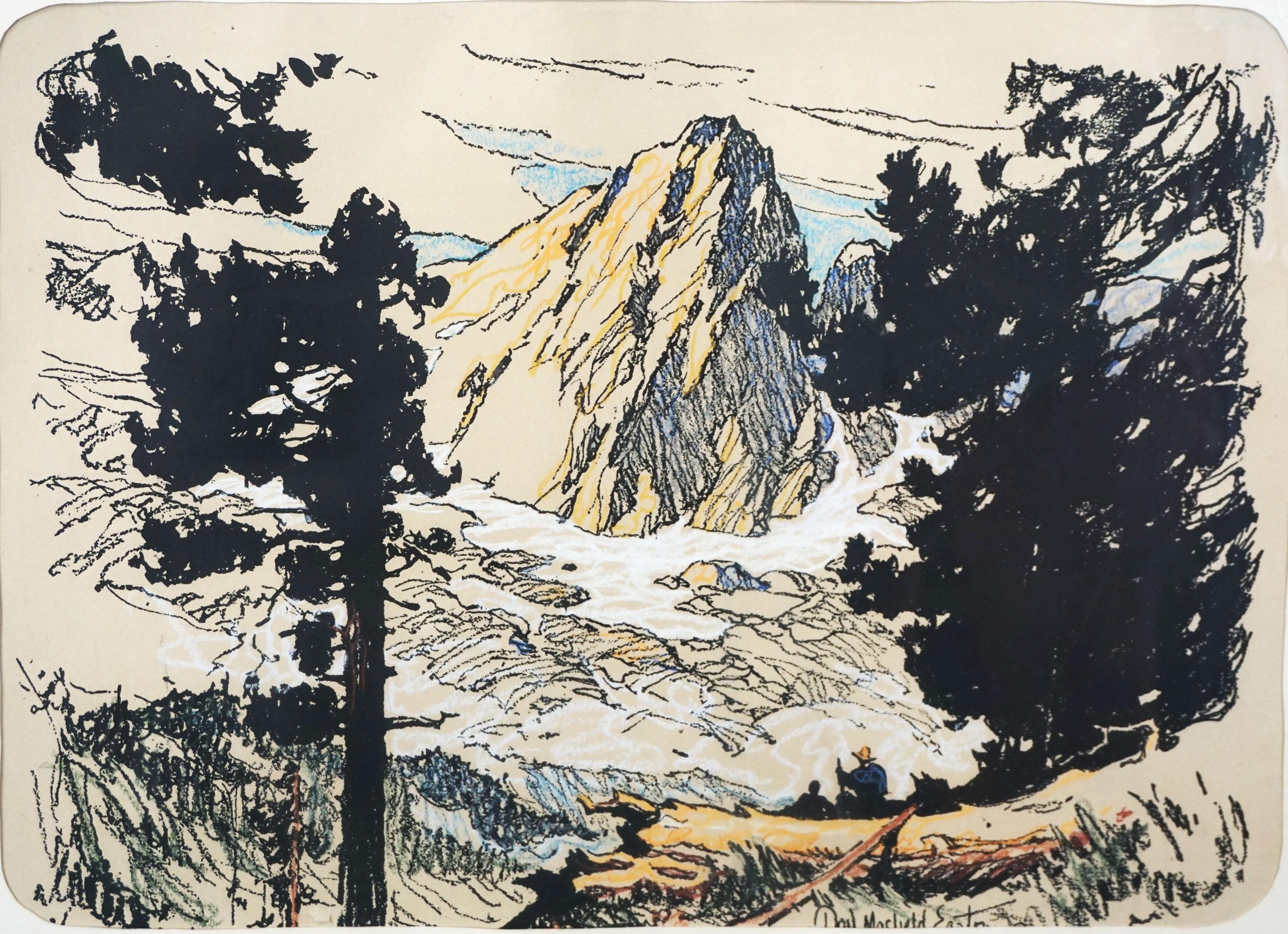 Lithographie „ Camping in Sierra Mountains“ aus dem frühen 20. Jahrhundert – Print von Donald Masefield Easton
