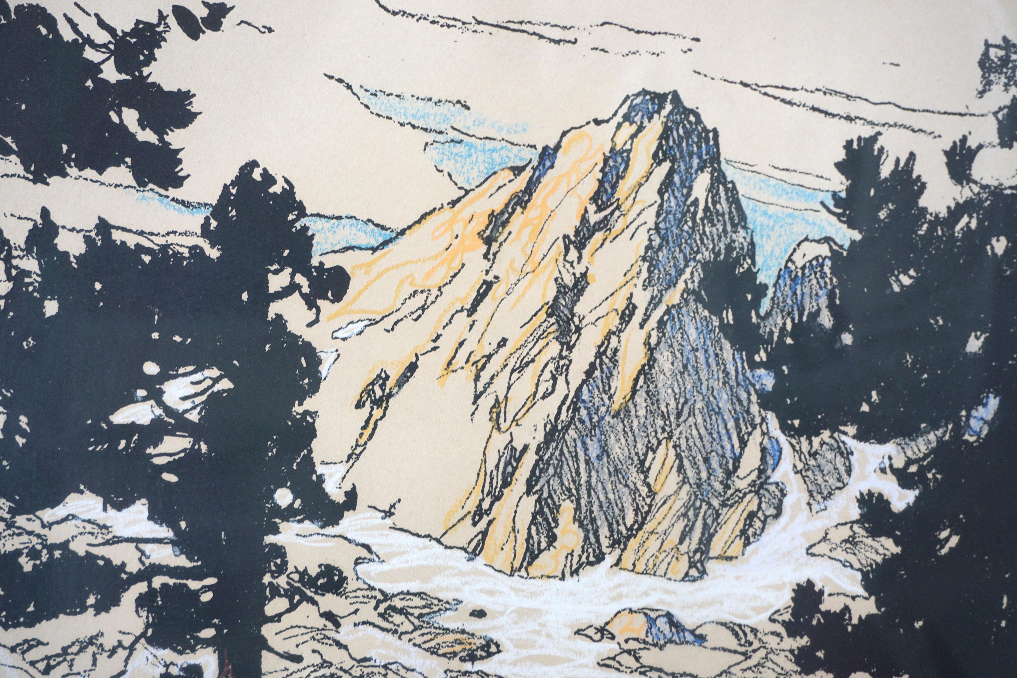 Lithographie „ Camping in Sierra Mountains“ aus dem frühen 20. Jahrhundert (Amerikanischer Impressionismus), Print, von Donald Masefield Easton
