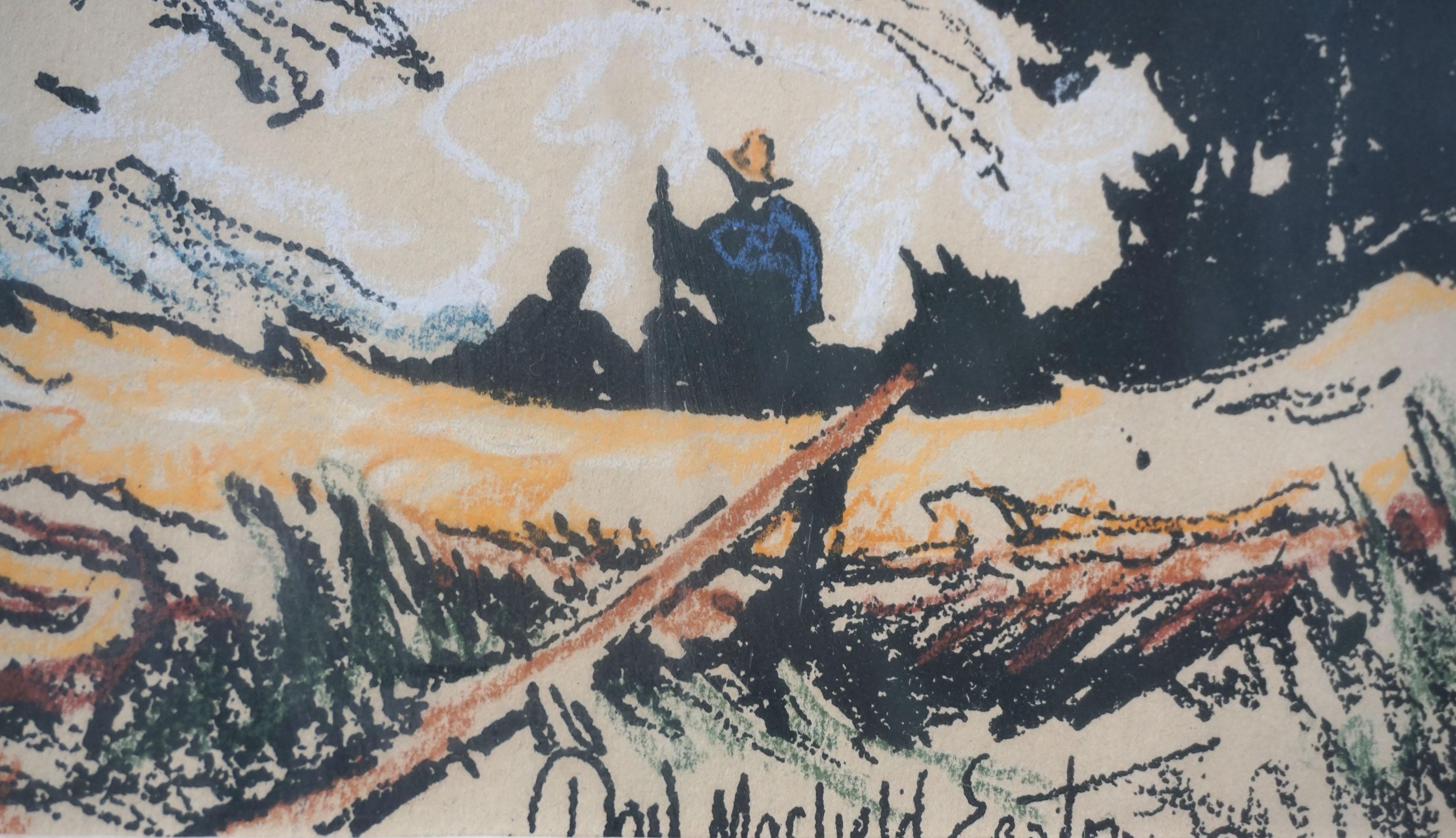 Wunderschöne handkolorierte Lithografie einer Campingszene in den Sierra Mountains von Donald Masefield Easton (Amerikaner, 1896 - 1956), veröffentlicht 1931. Signiert unten rechts (teilweise durch Matte verdeckt). Präsentiert in einem rustikalen