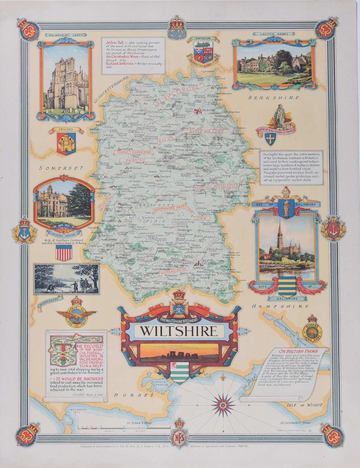 David McCullough
Wiltshire
Lithograph 
57 x 43 cm 

The Countryman County Map of Wiltshire was part of the Countryman magazine’s series of illustrated county maps, designed to celebrate the unique heritage, geography, and culture of each region.
