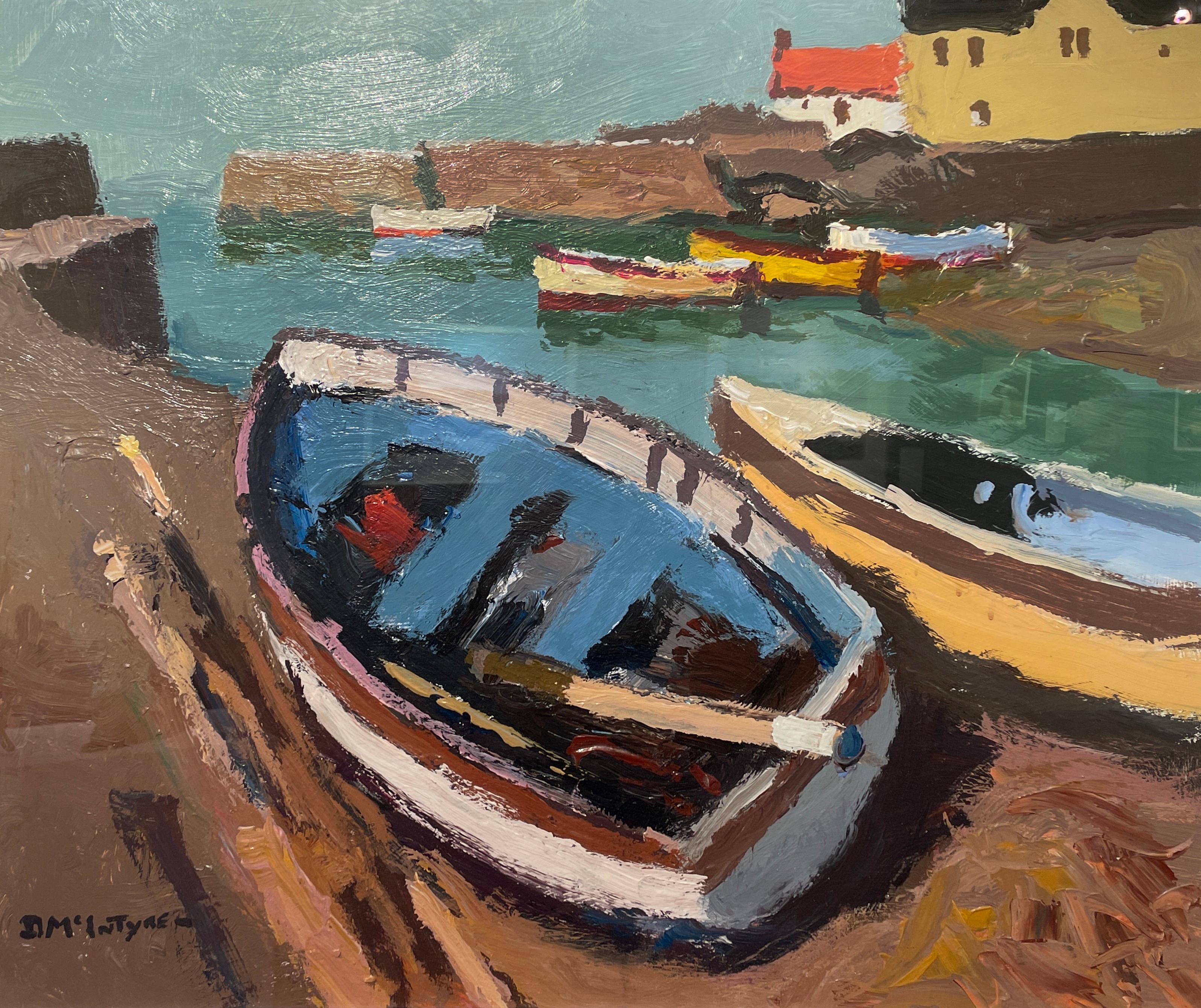 'Big Blue Boat' Colourful Welsh painting of a boat & coastline, sea, harbour - Painting by Donald McIntyre