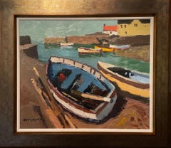'Big Blue Boat' Colourful Welsh painting of a boat & coastline, sea, harbour