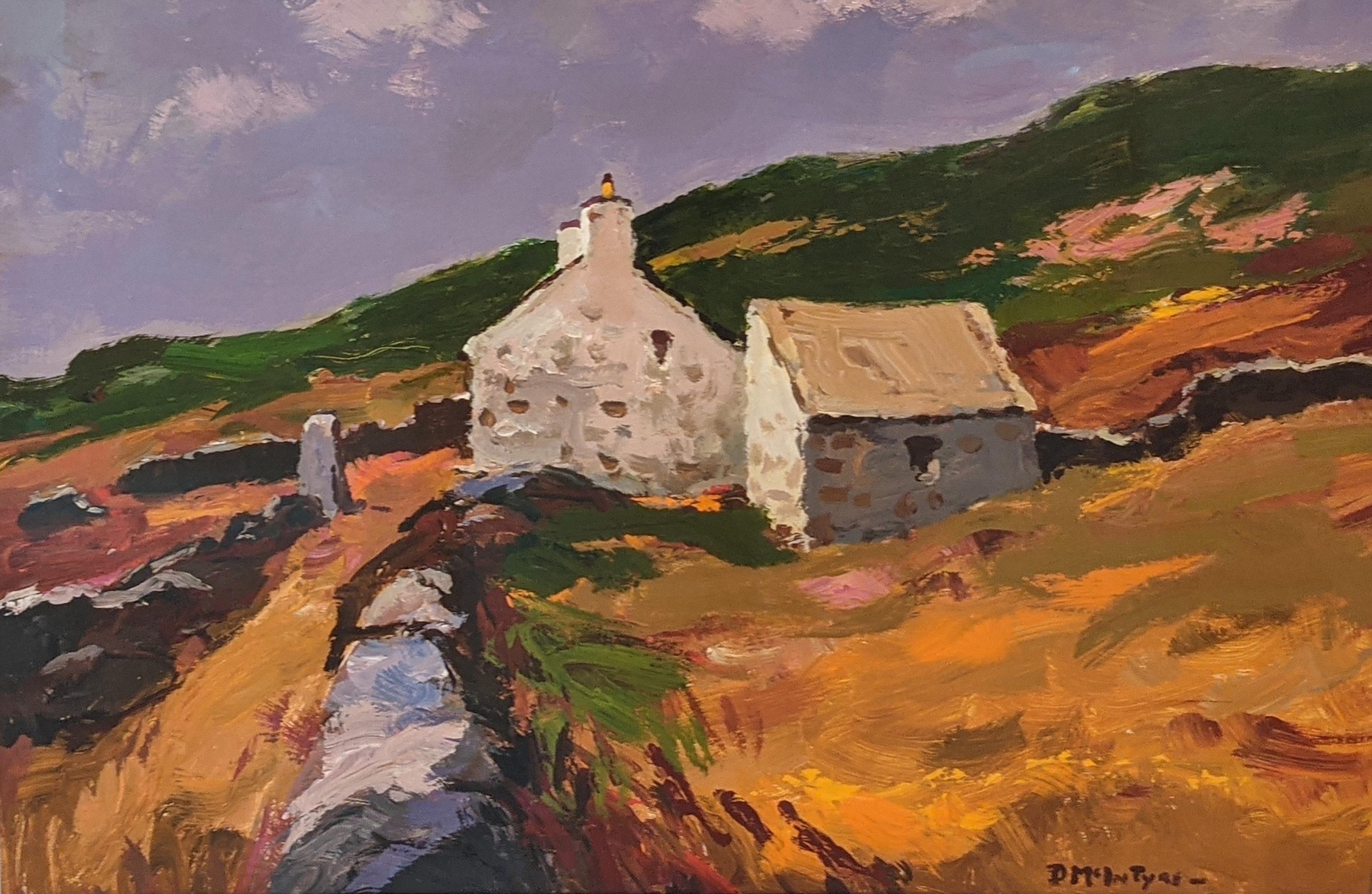 'Bwrhn Ar Bryan' Welsh colourful landscape painting, orange & purple. Cottage
