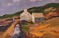 'Bwrhn Ar Bryan' Welsh colourful landscape painting, orange & purple. Cottage