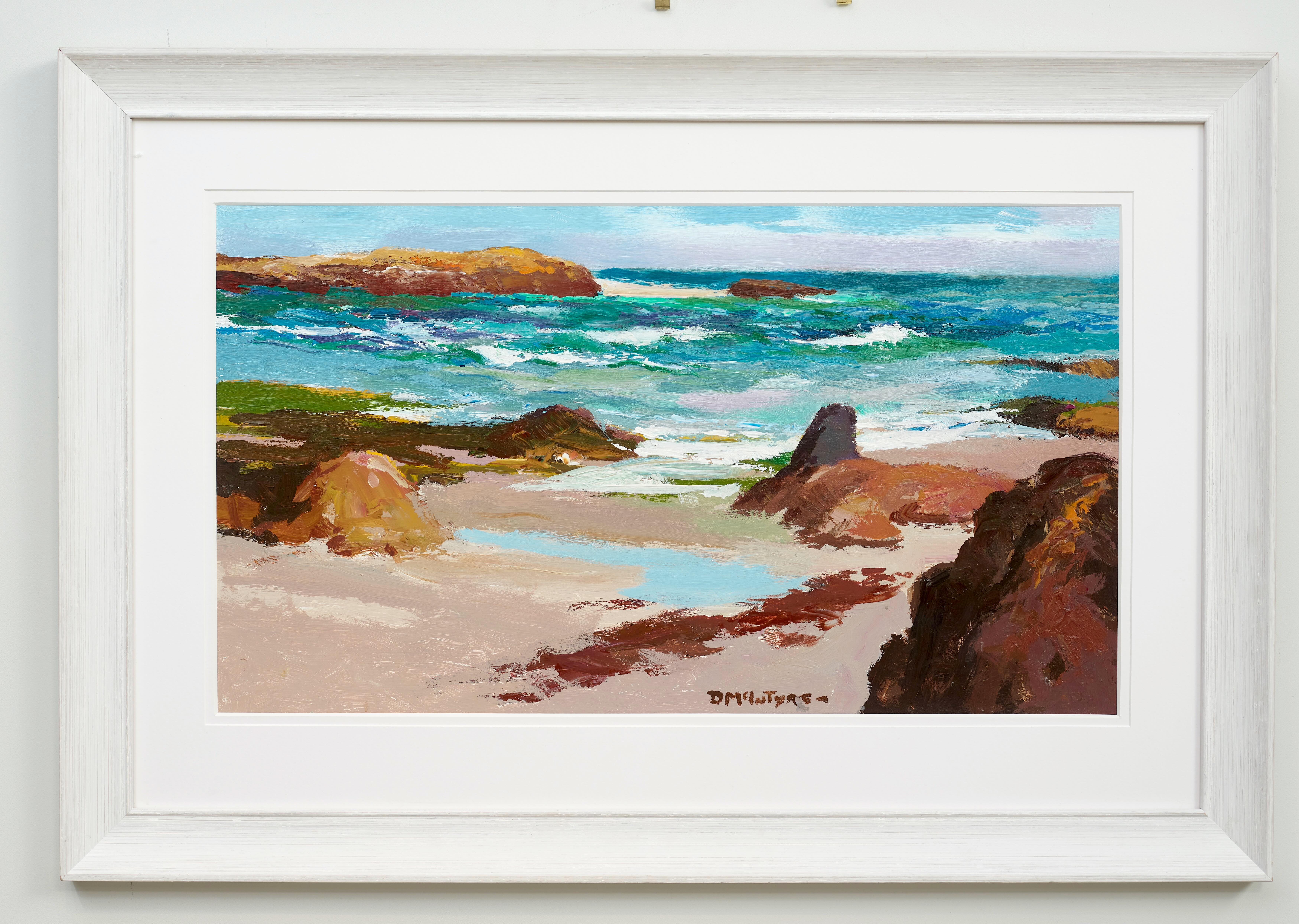 Deep Blue Sea Seascape Painting of crashing waves and water, rocks and sand - Gray Landscape Painting by Donald McIntyre