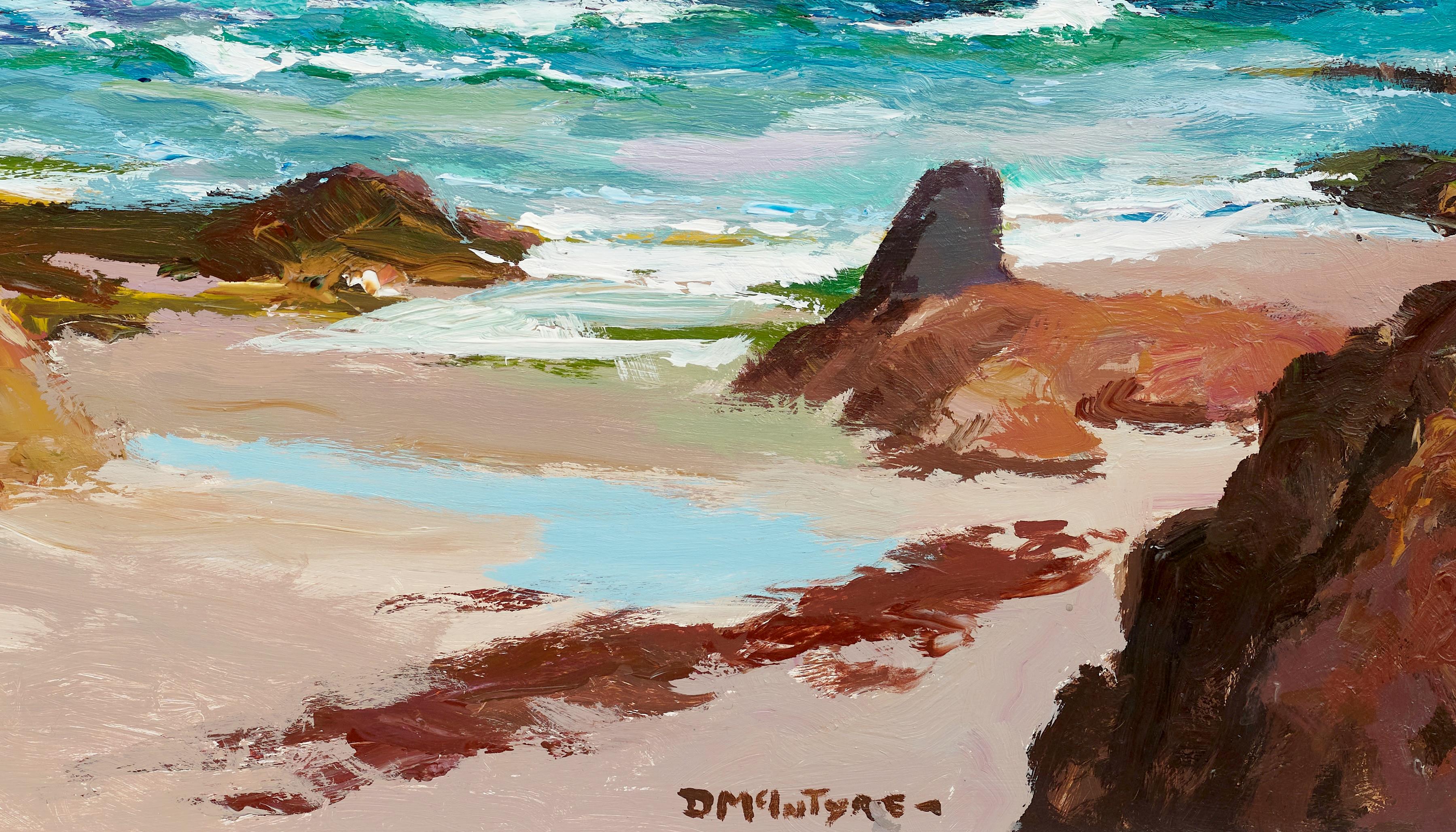 Deep Blue Sea Seascape Painting of crashing waves and water, rocks and sand For Sale 1