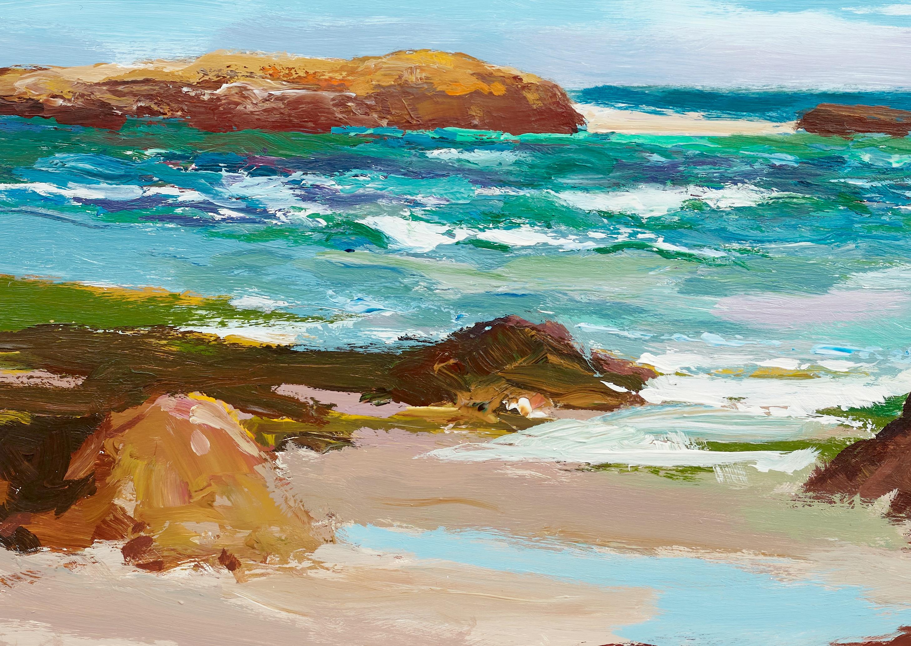 Deep Blue Sea Seascape Painting of crashing waves and water, rocks and sand For Sale 3