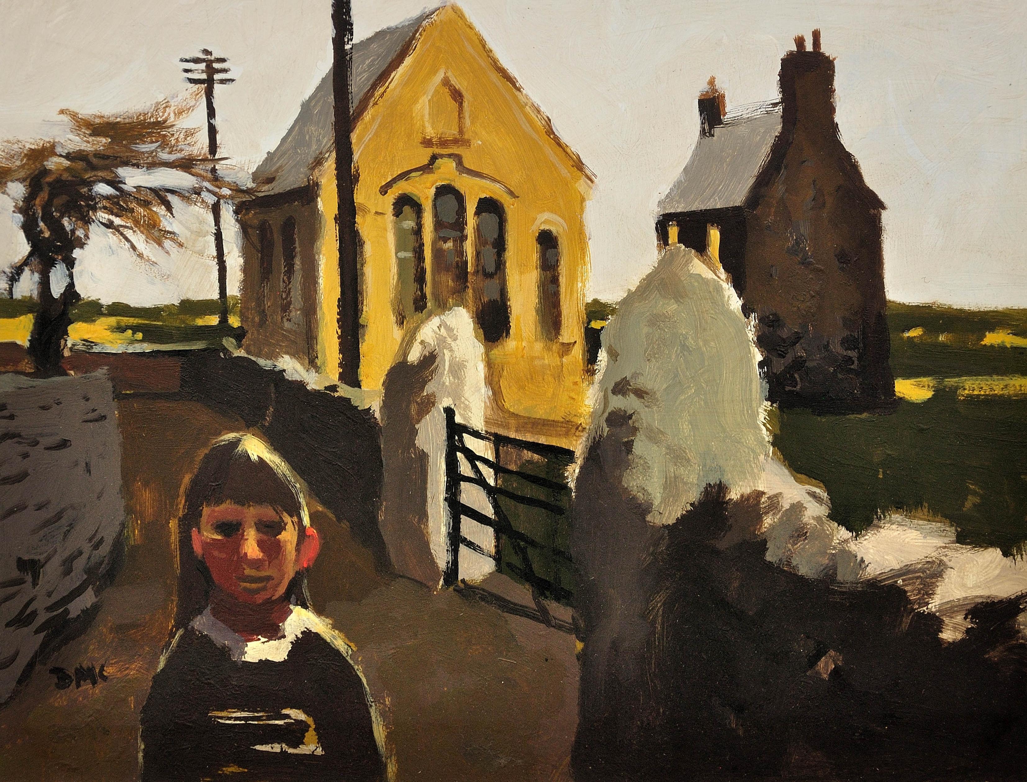 Donald McIntyre.
English ( b.1923 - d.2009 ).
Girl and Chapel, North Wales. 
Oil on card.
Signed with monogram twice lower left.
Image size 12 inches x 15.6 inches ( 30.5cm x 39.5cm ).
Frame size 19.5 inches x 22.8 inches ( 49.5cm x 58cm ).