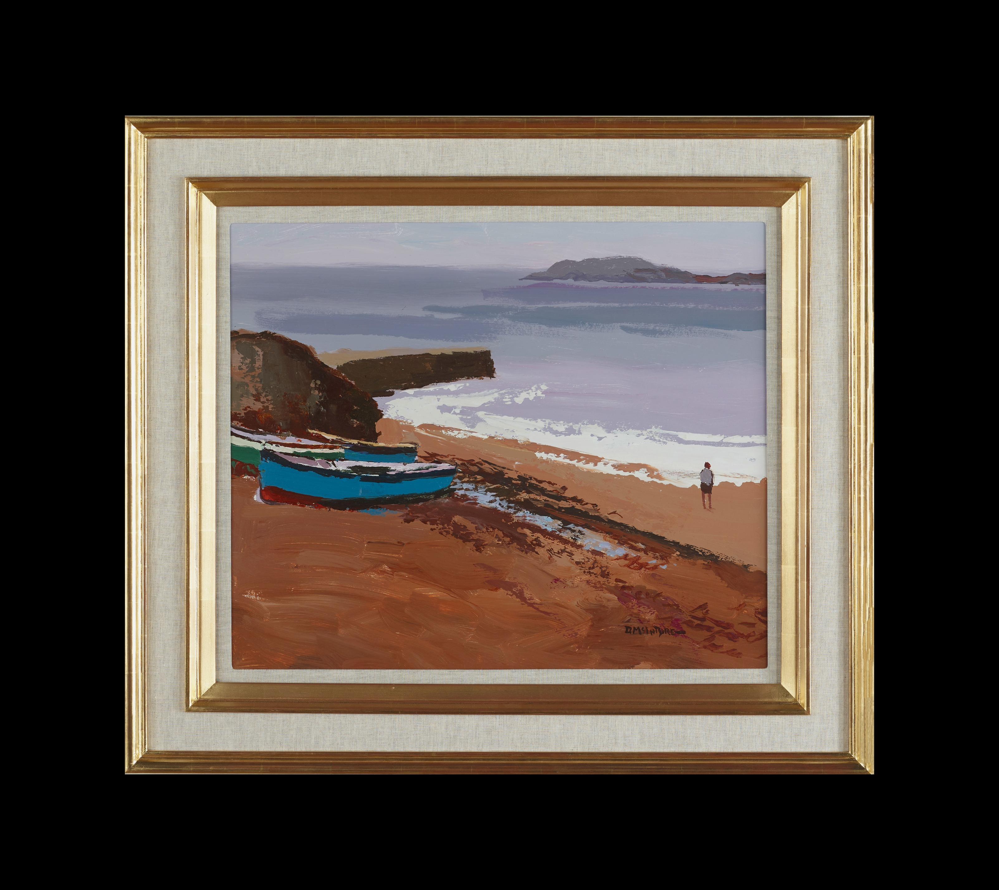 Figuren am Strand, Landschaftsgemälde des Meeres mit Figur, Boot und Wellen – Painting von Donald McIntyre