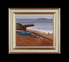 Figures on the Beach, landscape painting of the sea with figure, boat and waves