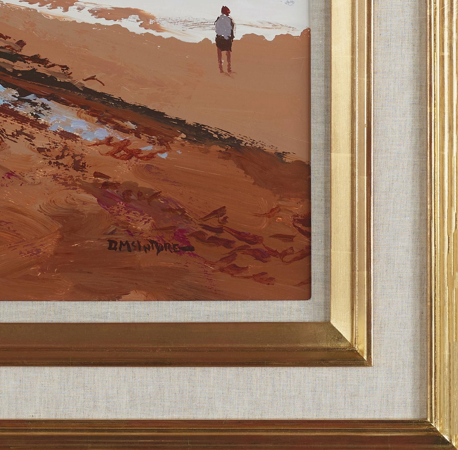 Figuren am Strand, Landschaftsgemälde des Meeres mit Figur, Boot und Wellen (Post-Impressionismus), Painting, von Donald McIntyre