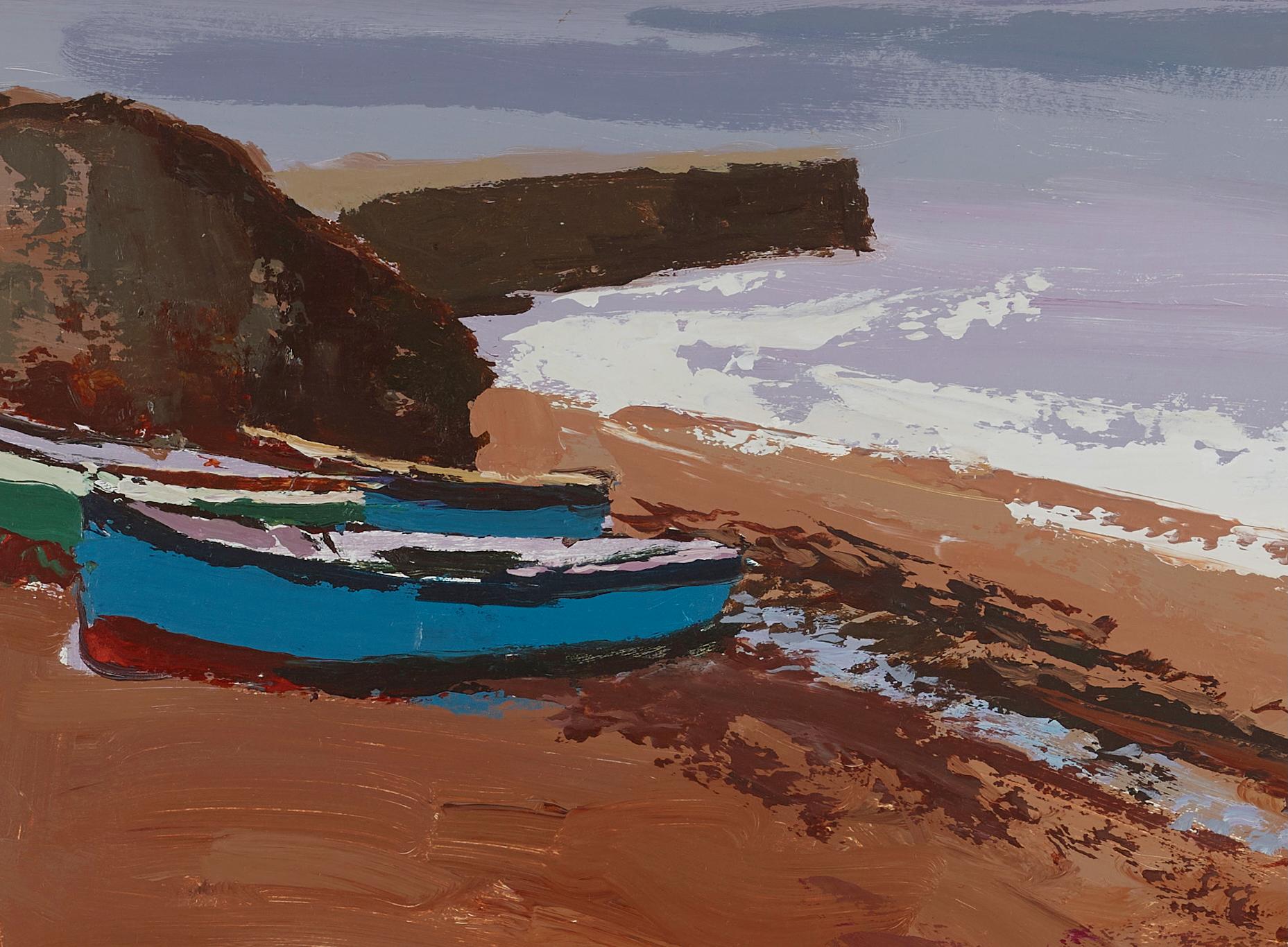Figuren am Strand, Landschaftsgemälde des Meeres mit Figur, Boot und Wellen (Grau), Landscape Painting, von Donald McIntyre
