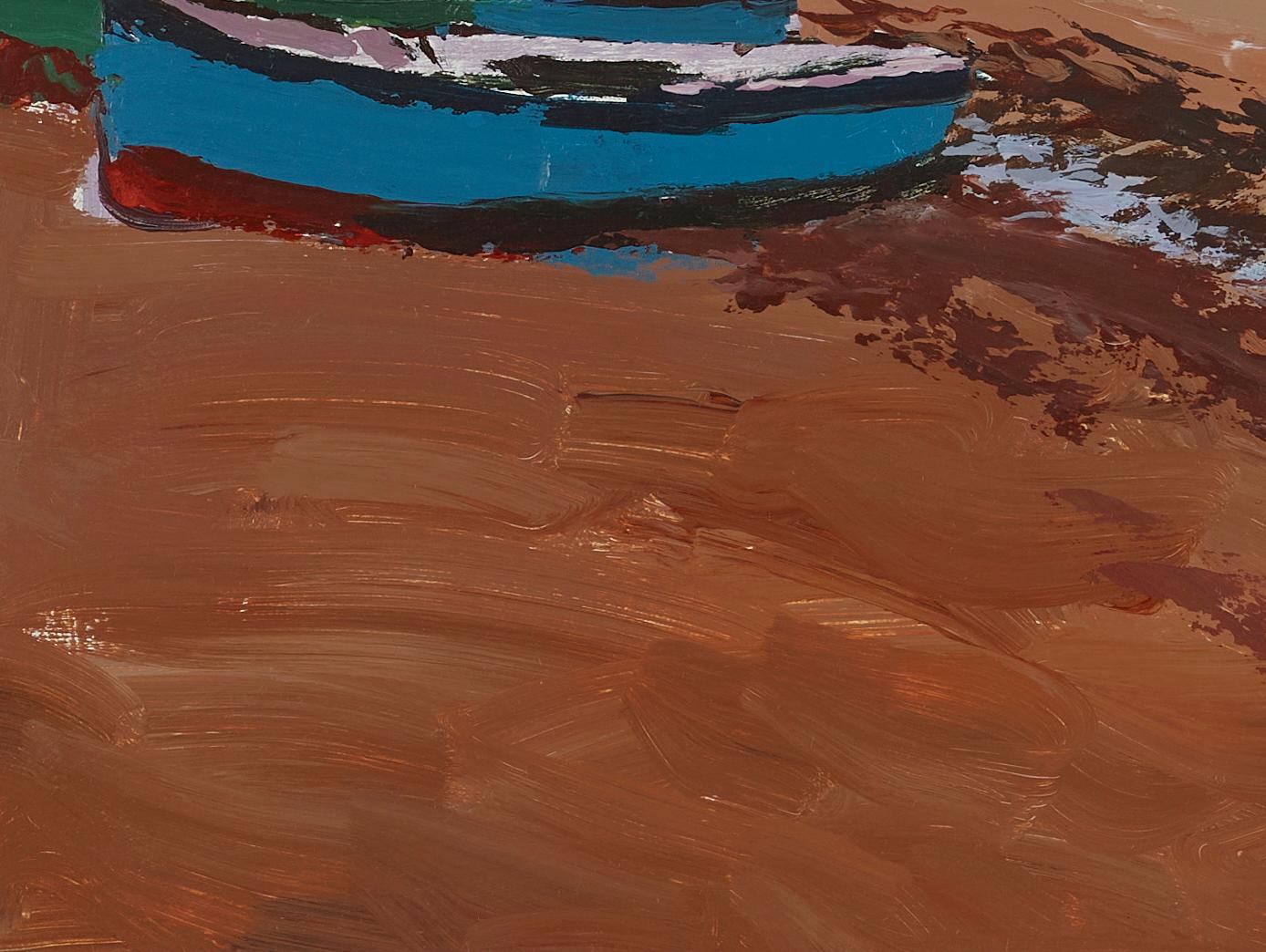 Figuren am Strand, Landschaftsgemälde des Meeres mit Figur, Boot und Wellen im Angebot 1