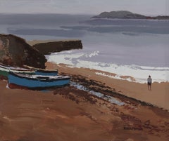 Figures on the Beach, landscape painting of the sea with figure, boat and waves
