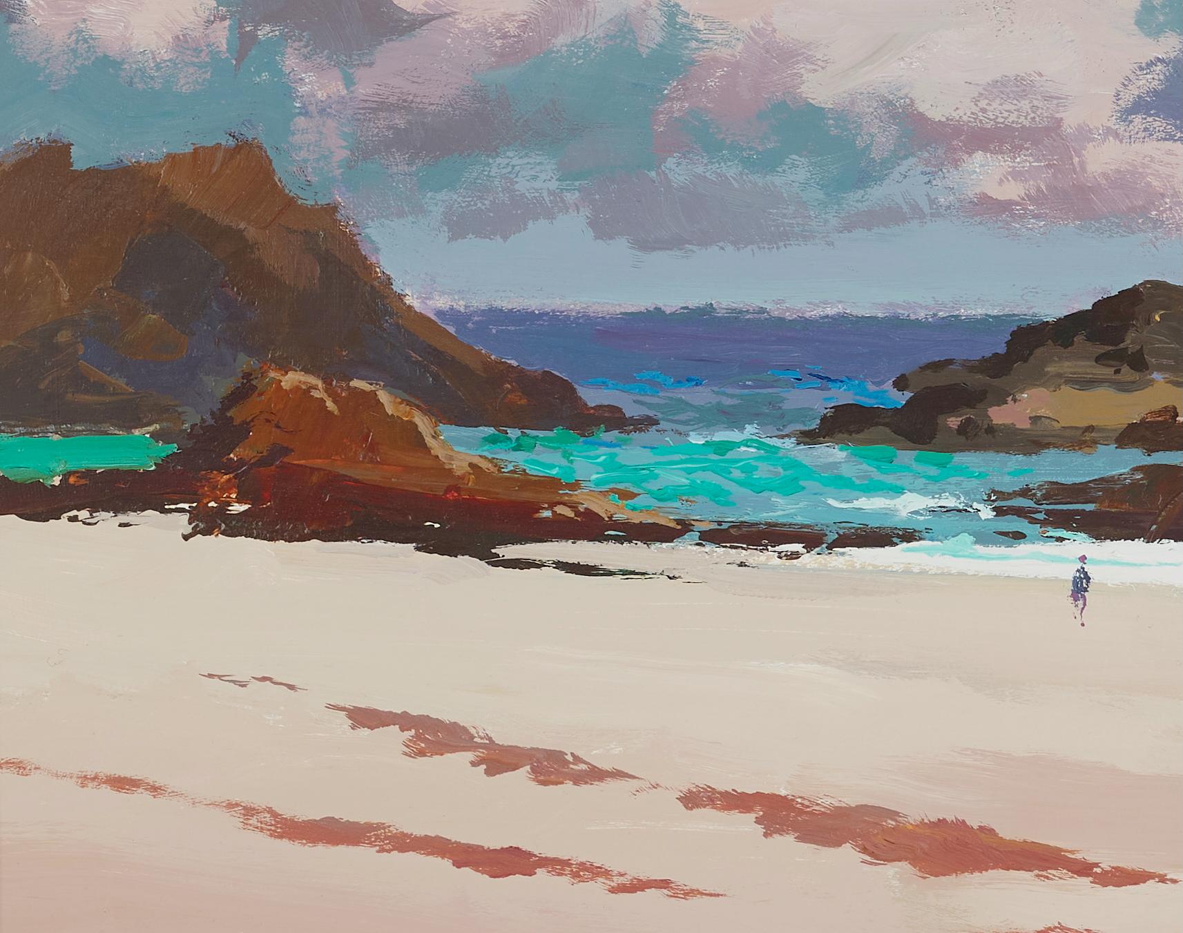 Green Sea, Port Ban Landscape Painting of the Sea with figures on the beach For Sale 2