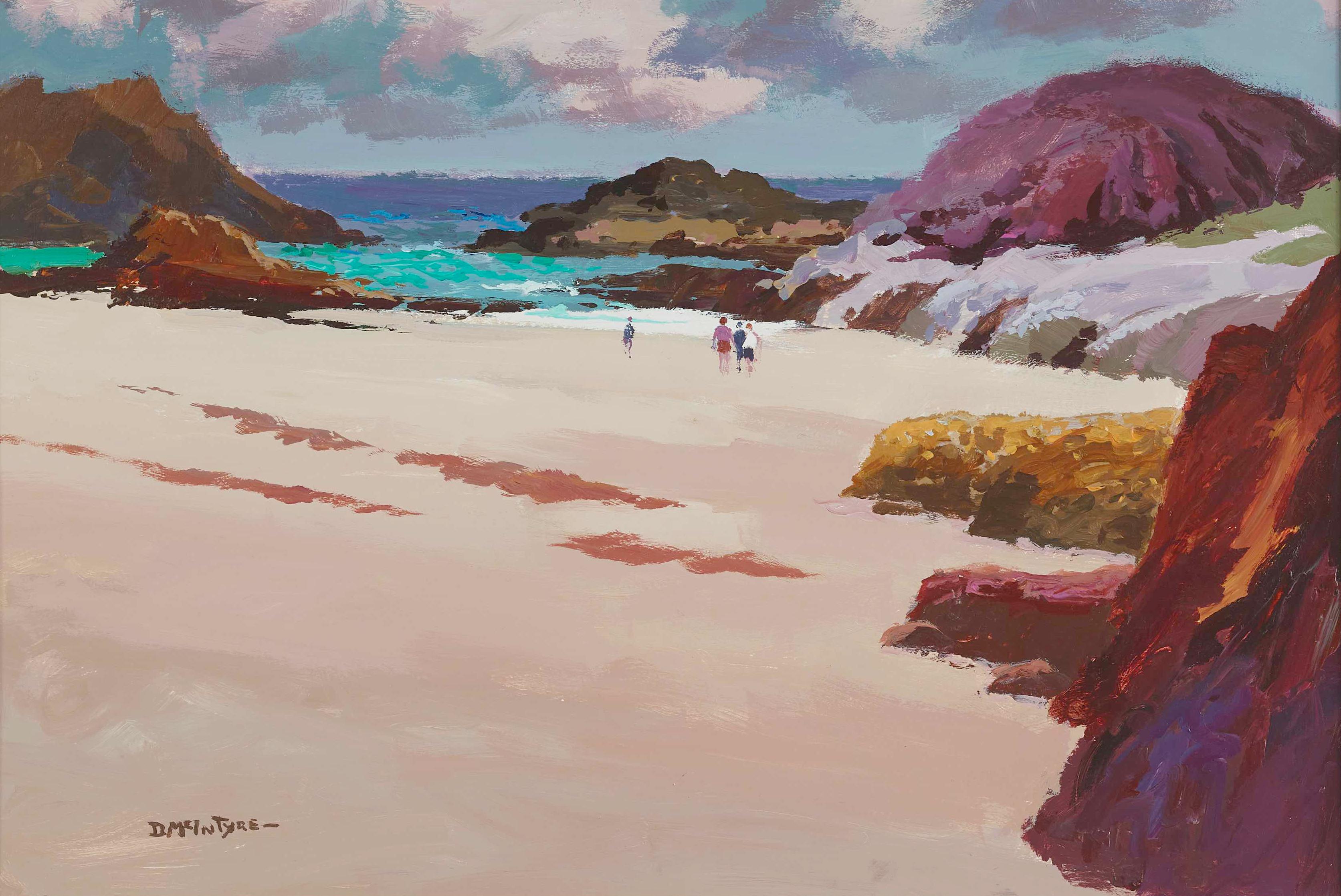 Framed size: 29.5" x 39.5" 
McIntyre’s Green Sea, Port Ban captures the luminous beauty of the Scottish coastline with bold colour and expressive brushwork. The wide sweep of pale sandy beach stretches into the foreground, its creamy tones