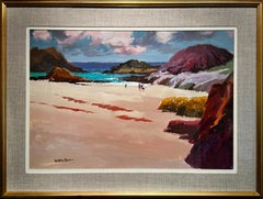 'Green Sea, Portban' Welsh landscape painting of figures, beach, sea and rocks