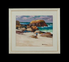 Looking Out To Sea Figurative Landschaftsmalerei des Meeres, Felsen und Strand